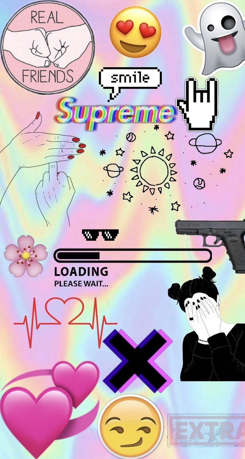 Aesthetic phone background with supreme logo, loading bar, rainbow, gun, smiley face, and other emojis - Graffiti