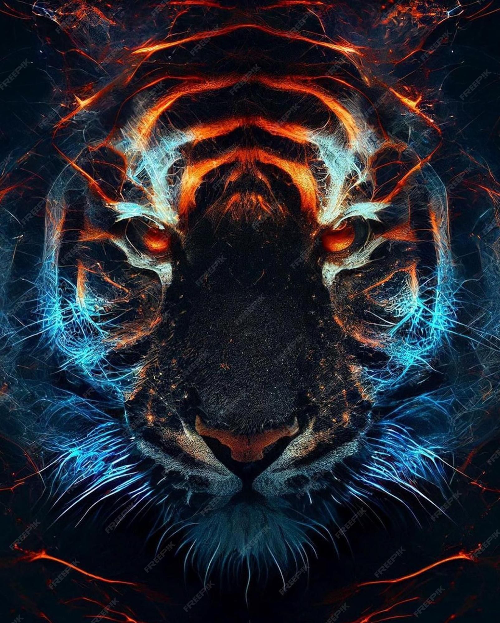 A digital art image of a tiger's face with blue and red hues. - Tiger