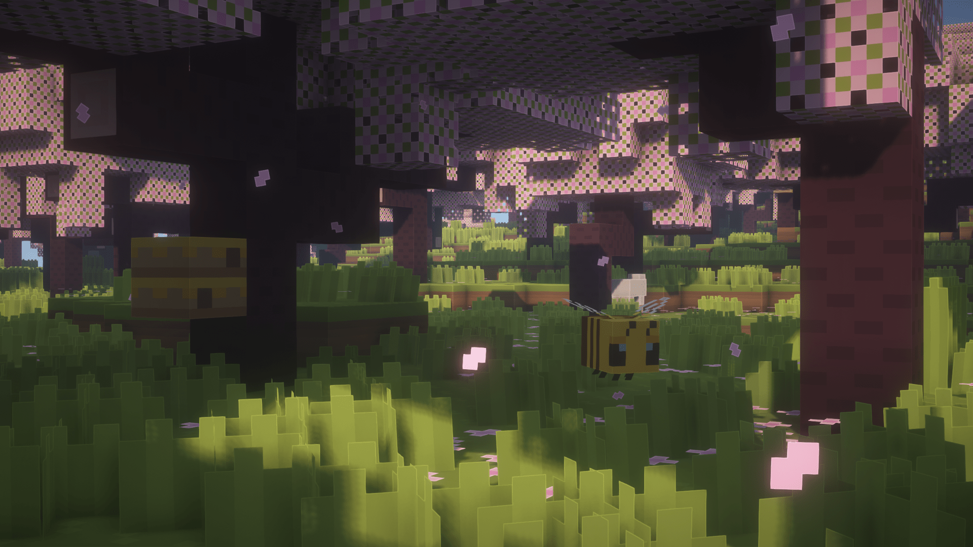 Minecraft screenshot of a bee flying through a jungle. - Minecraft