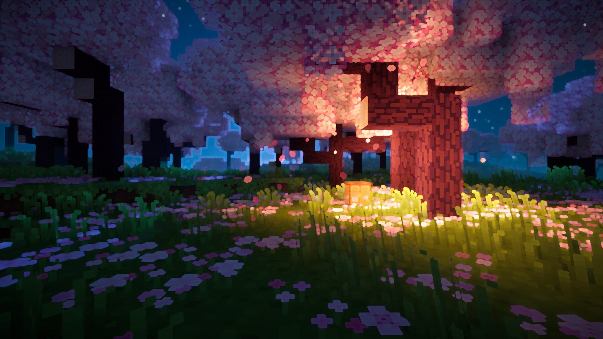 A Minecraft screenshot of a forest at night with a campfire burning in the grass. - Minecraft