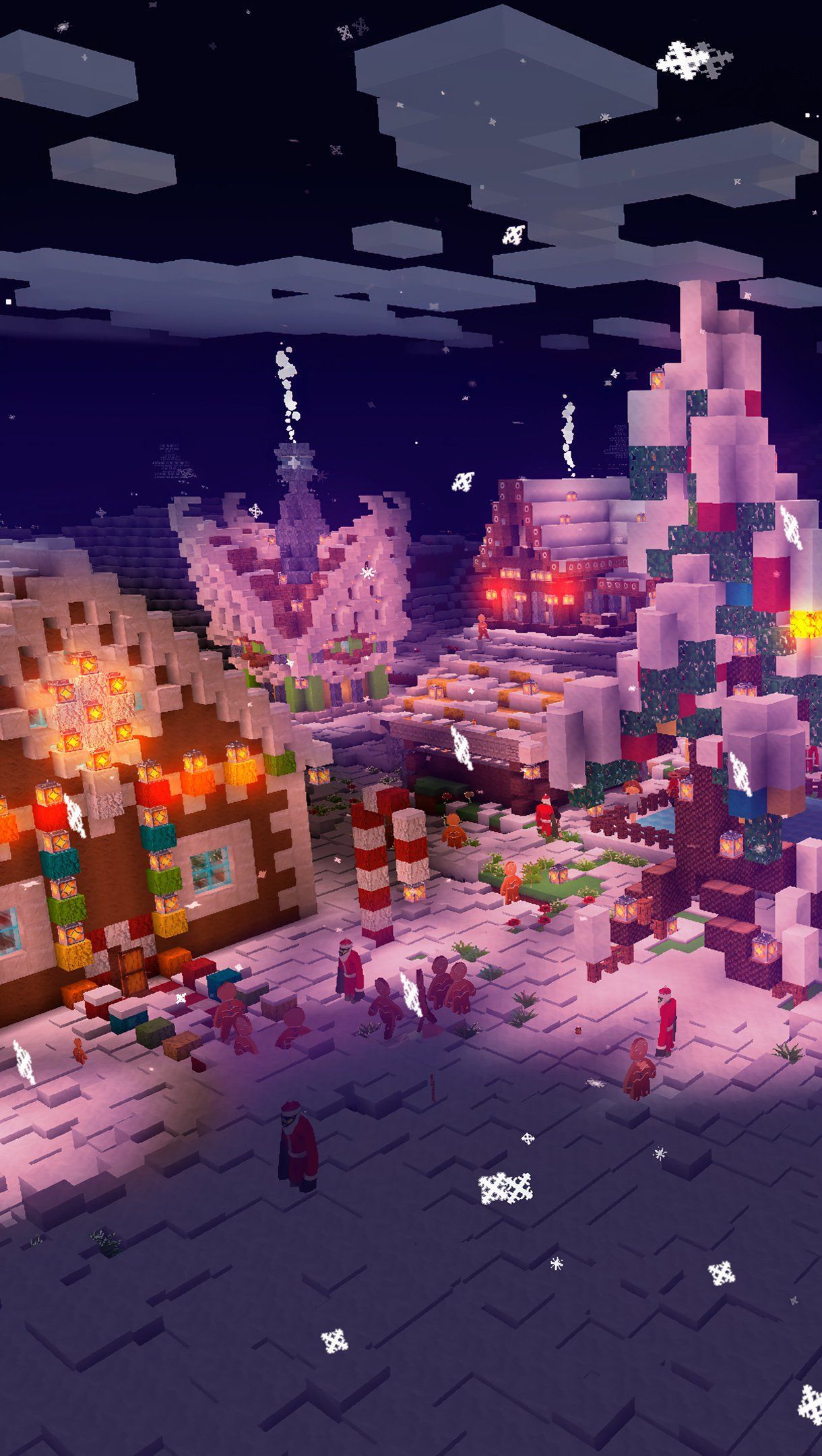 A screenshot of a Minecraft village decorated for Christmas. - Minecraft