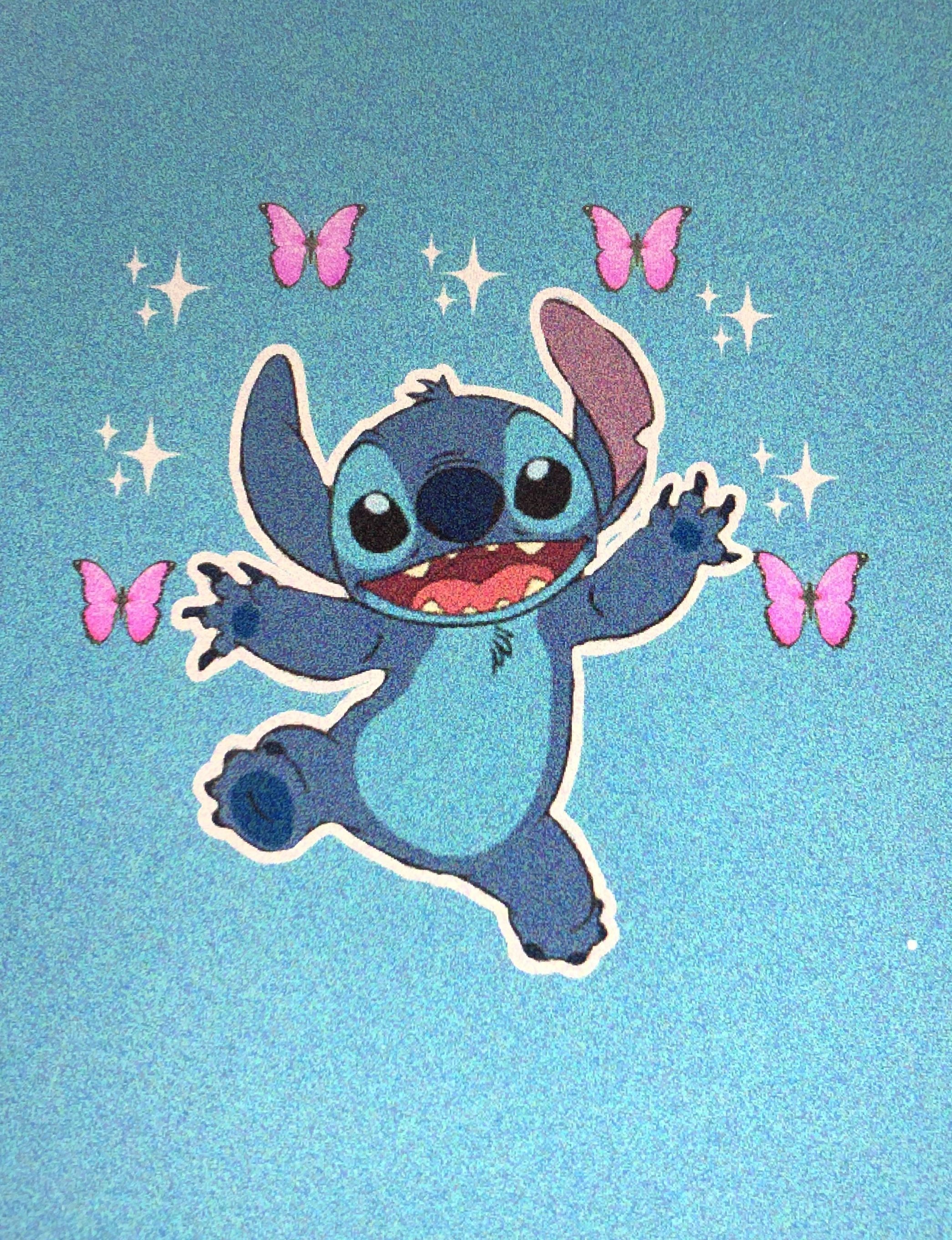 A stitch character is jumping with butterflies - Stitch