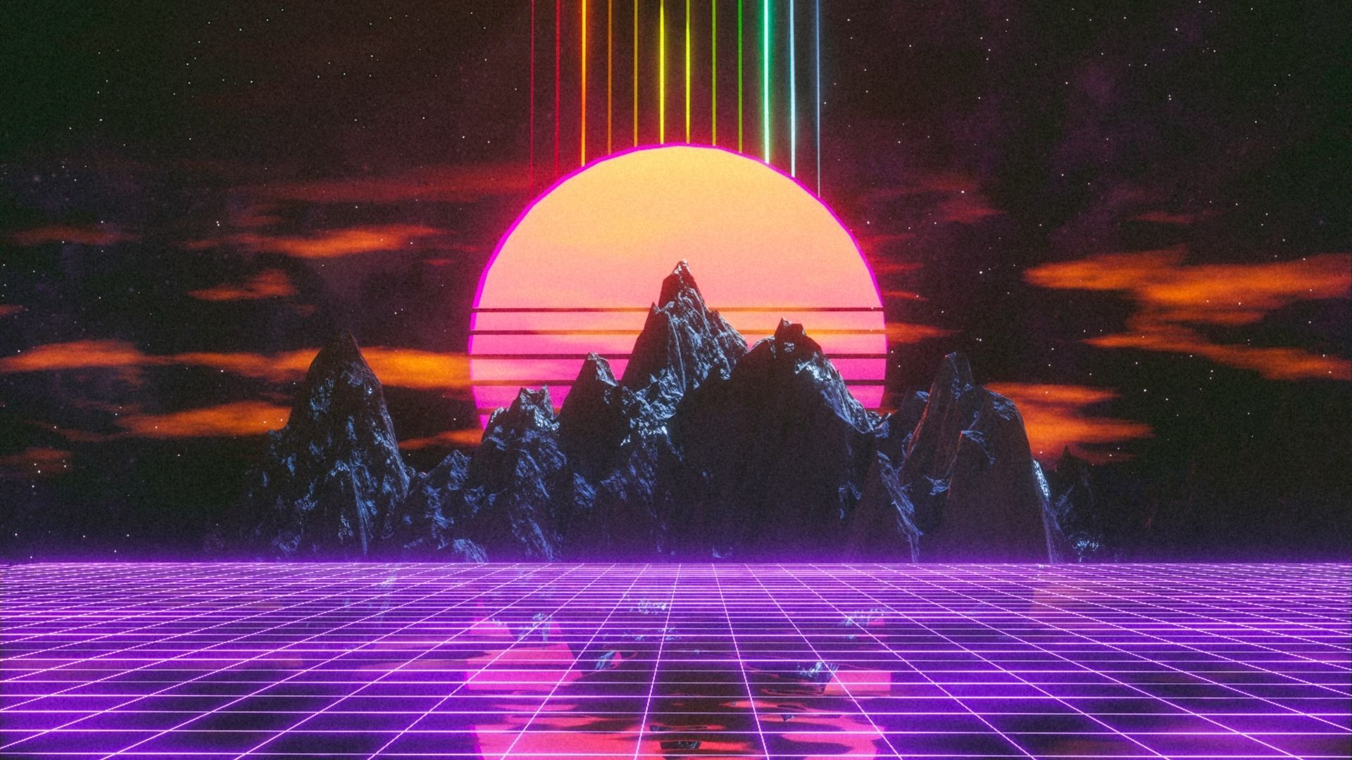 80s retro wave wallpaper with mountains and a sunset - 1920x1080