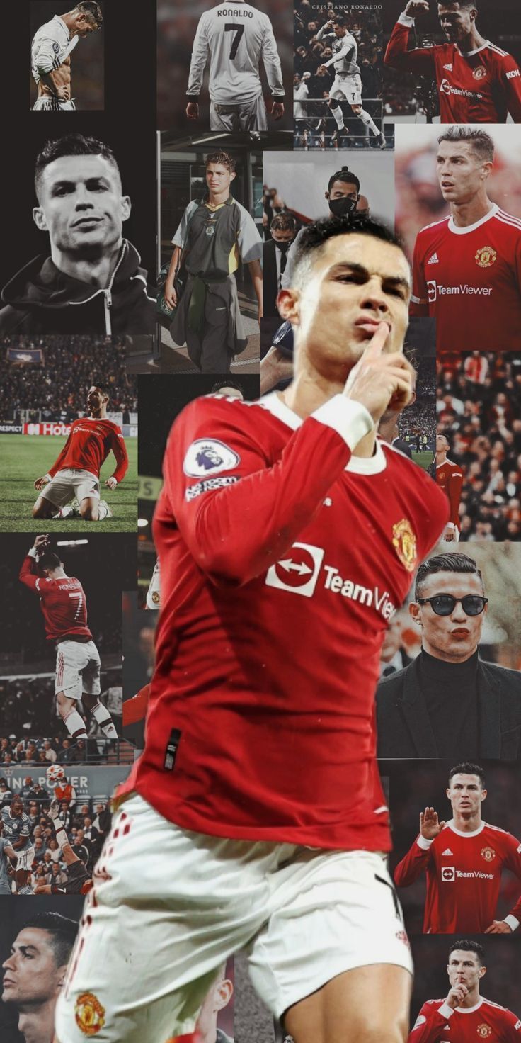 Cristiano Ronaldo collage in Manchester United kit with many pictures of him in the background - Cristiano Ronaldo