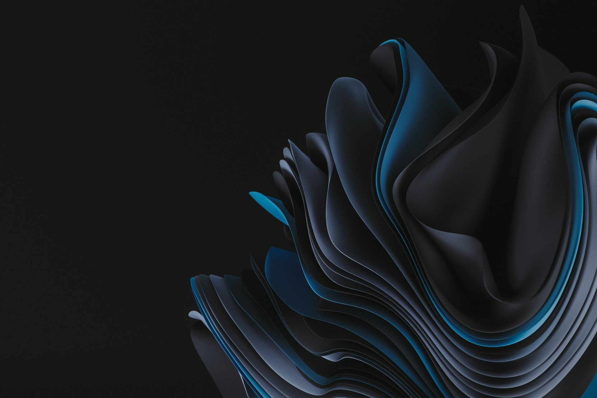 A 3D render of abstract blue and black shapes against a black background - Windows 11