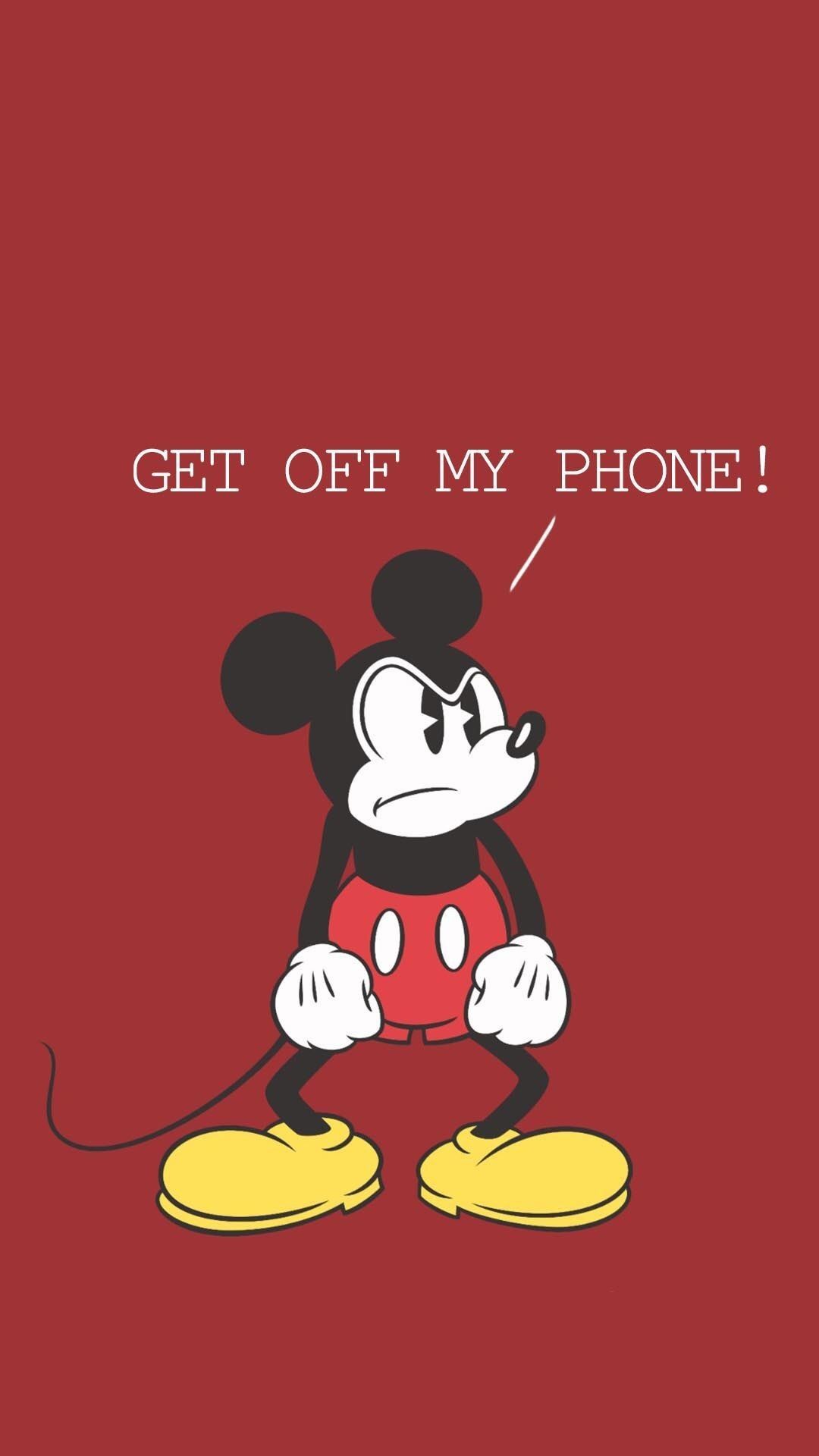 A cartoon mouse with the words get off my phone - Mickey Mouse
