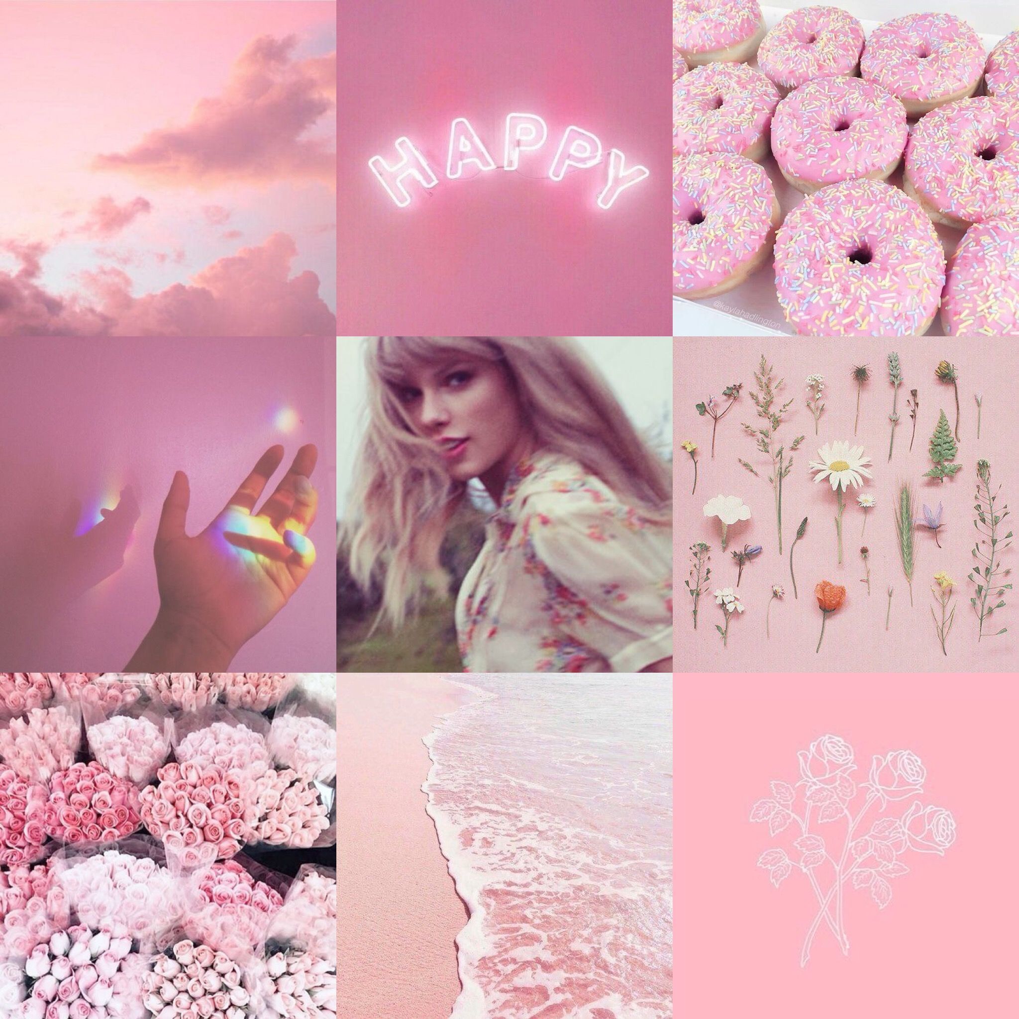 Aesthetic pink collage with donuts, flowers, Taylor Swift, and the ocean - Taylor Swift