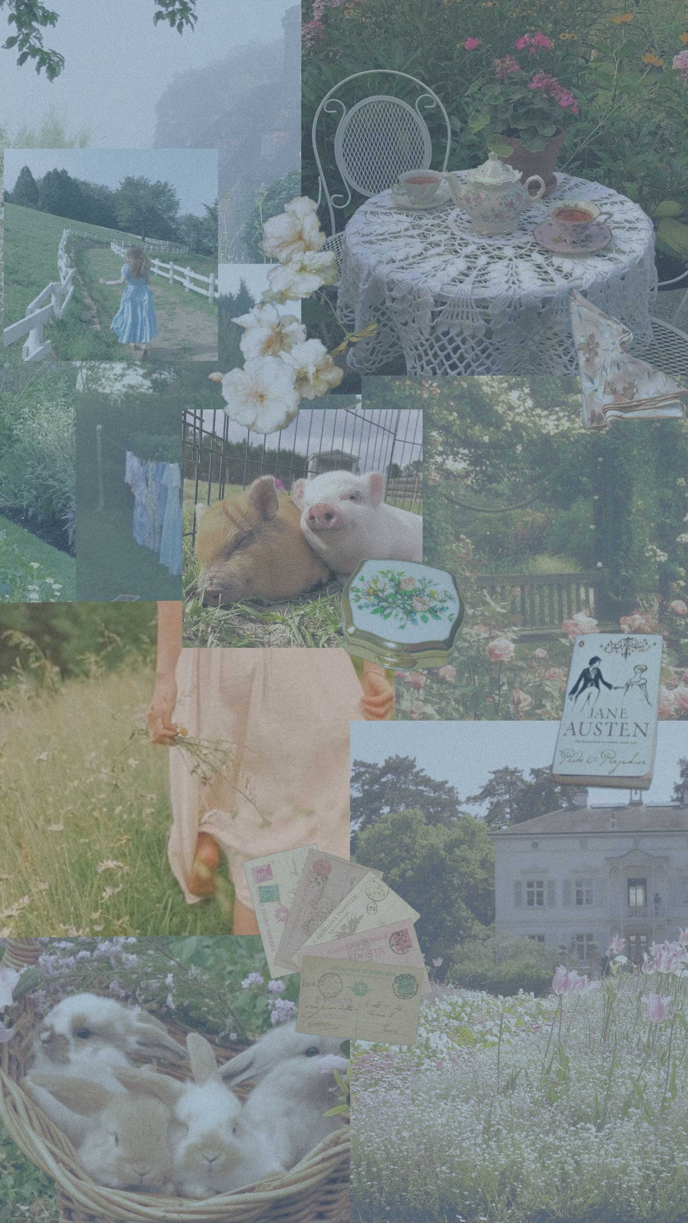 A collage of images including flowers, a garden, a picnic, and a book. - Cottagecore