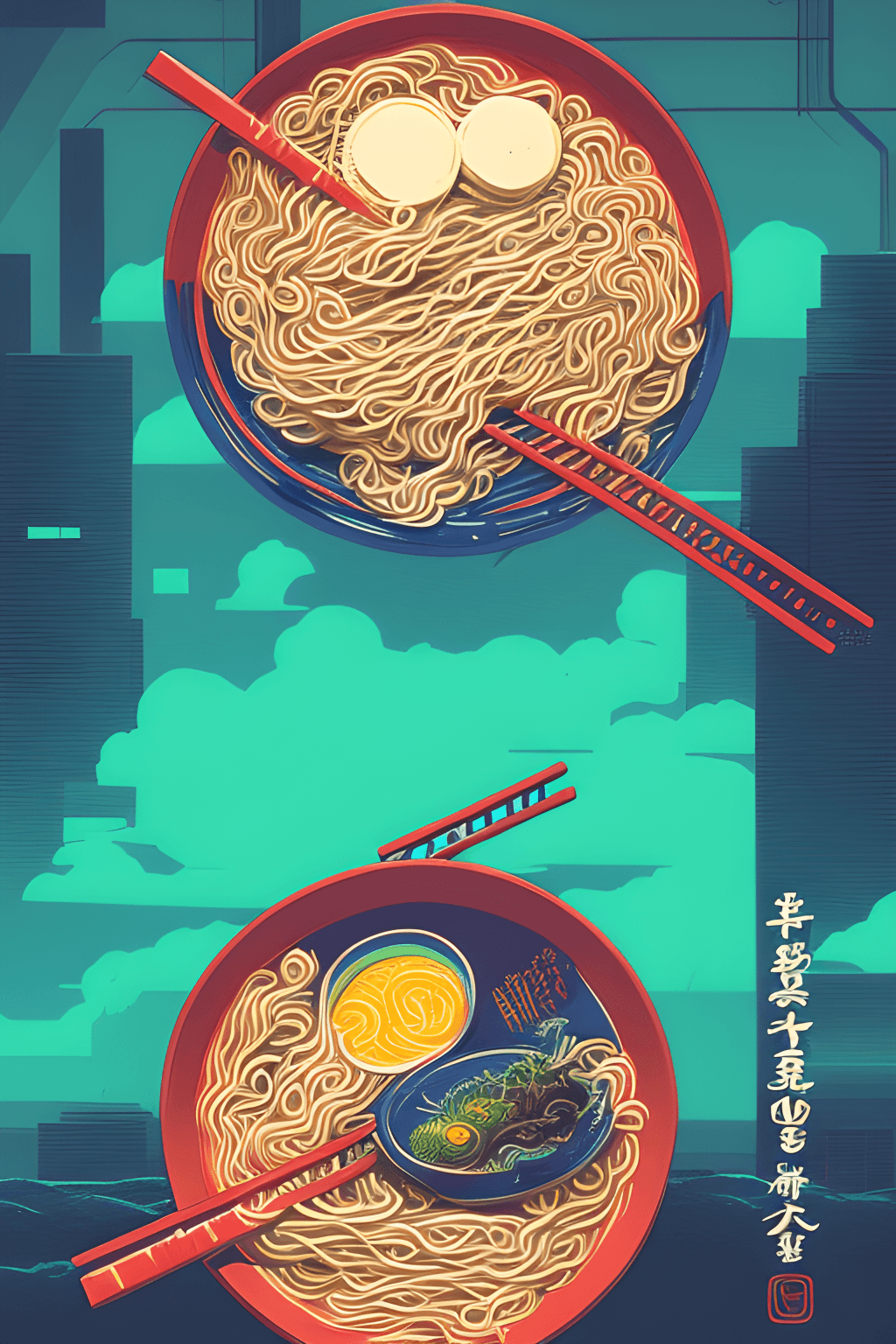 Ramen Bowl Focus Cyberpunk Ocean Background Vaporwave Detailed Sharp Details Illustration Technical Line Art Art by Pedro Correa Pedro Correa Style · Creative Fabrica