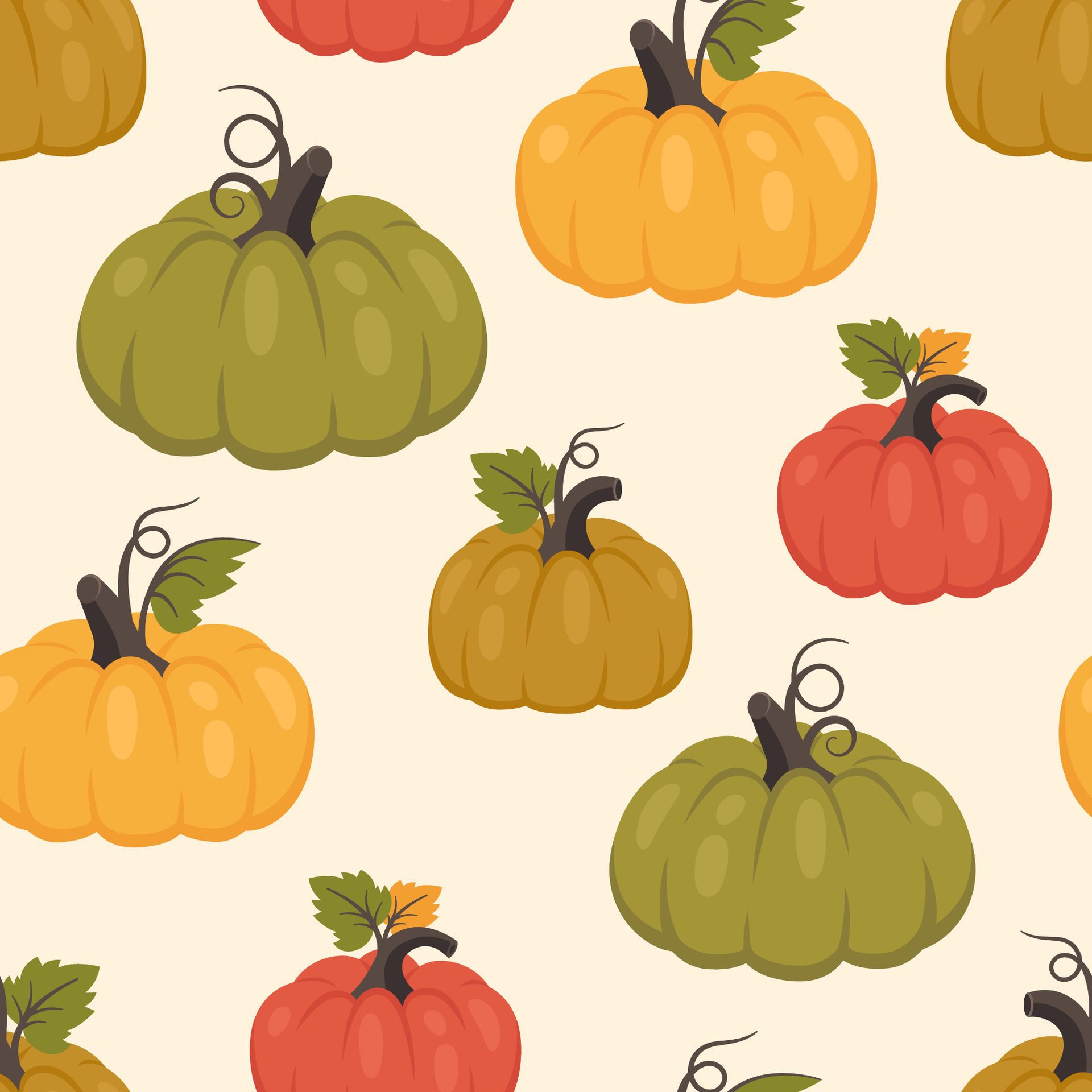 A pattern of orange, green, and red pumpkins with green stems and orange leaves on a cream background. - Thanksgiving