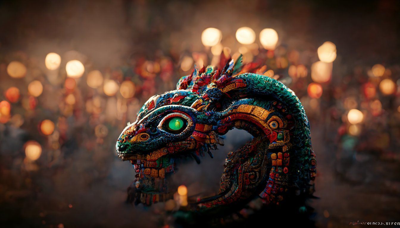 prompthunt: quetzalcoatl in mexico, poster, highly detailed, intricate, perfect lighting, perfect composition, aesthetic, good and evil, 4 k, artstation, artgerm, derek zabrocki, greg rutkowski. 8k hyper realistic unreal engine 5