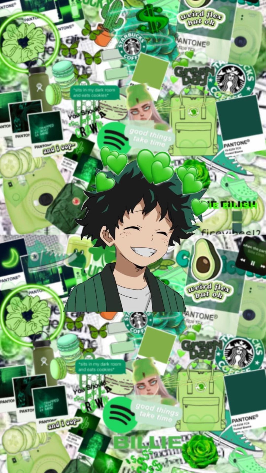 Aesthetic green phone background with anime character. - My Hero Academia, Deku