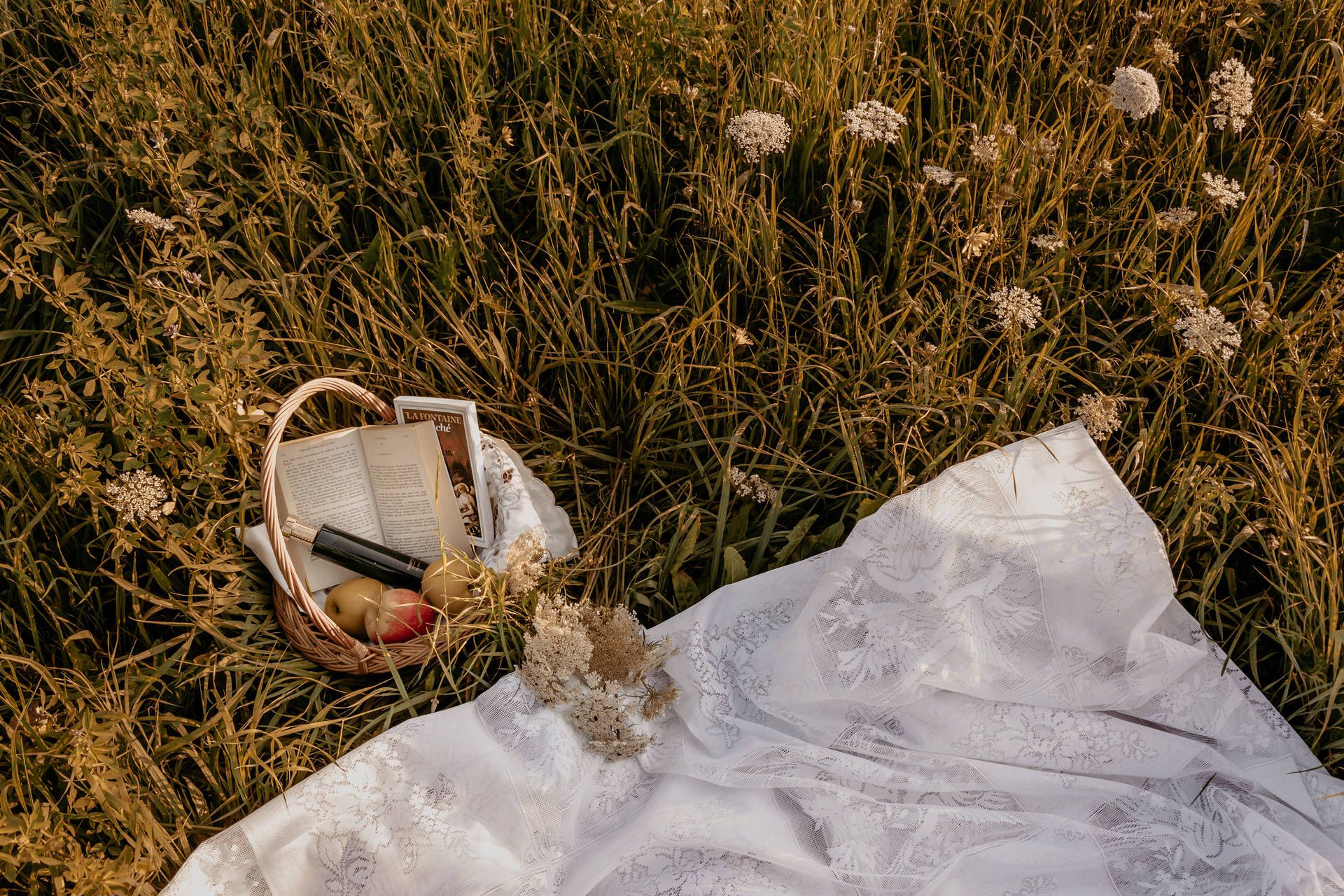 A picnic blanket and basket with a book and apple on it in a field of flowers. - Cottagecore