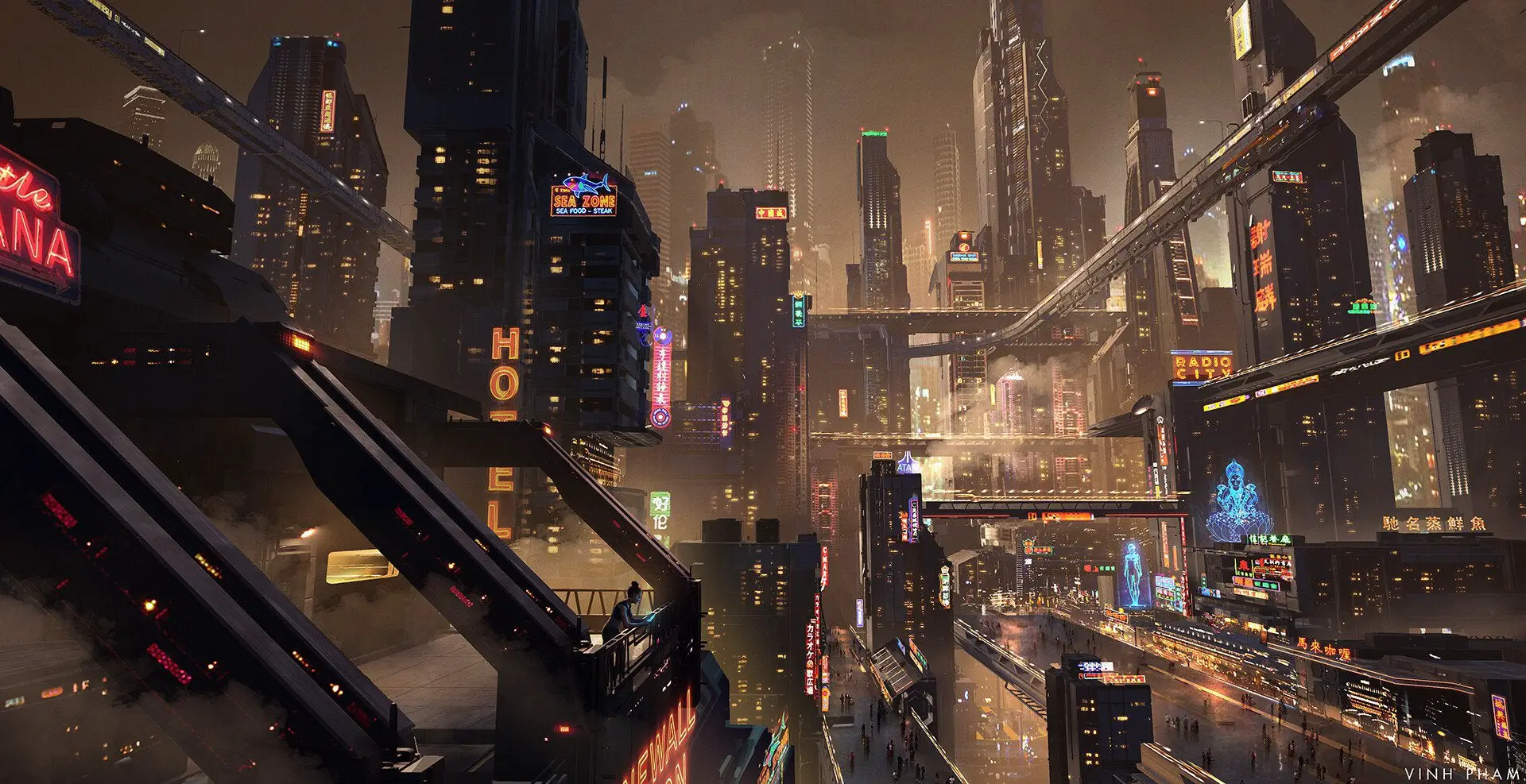 A futuristic city at night with neon lights and towering buildings. - Cyberpunk