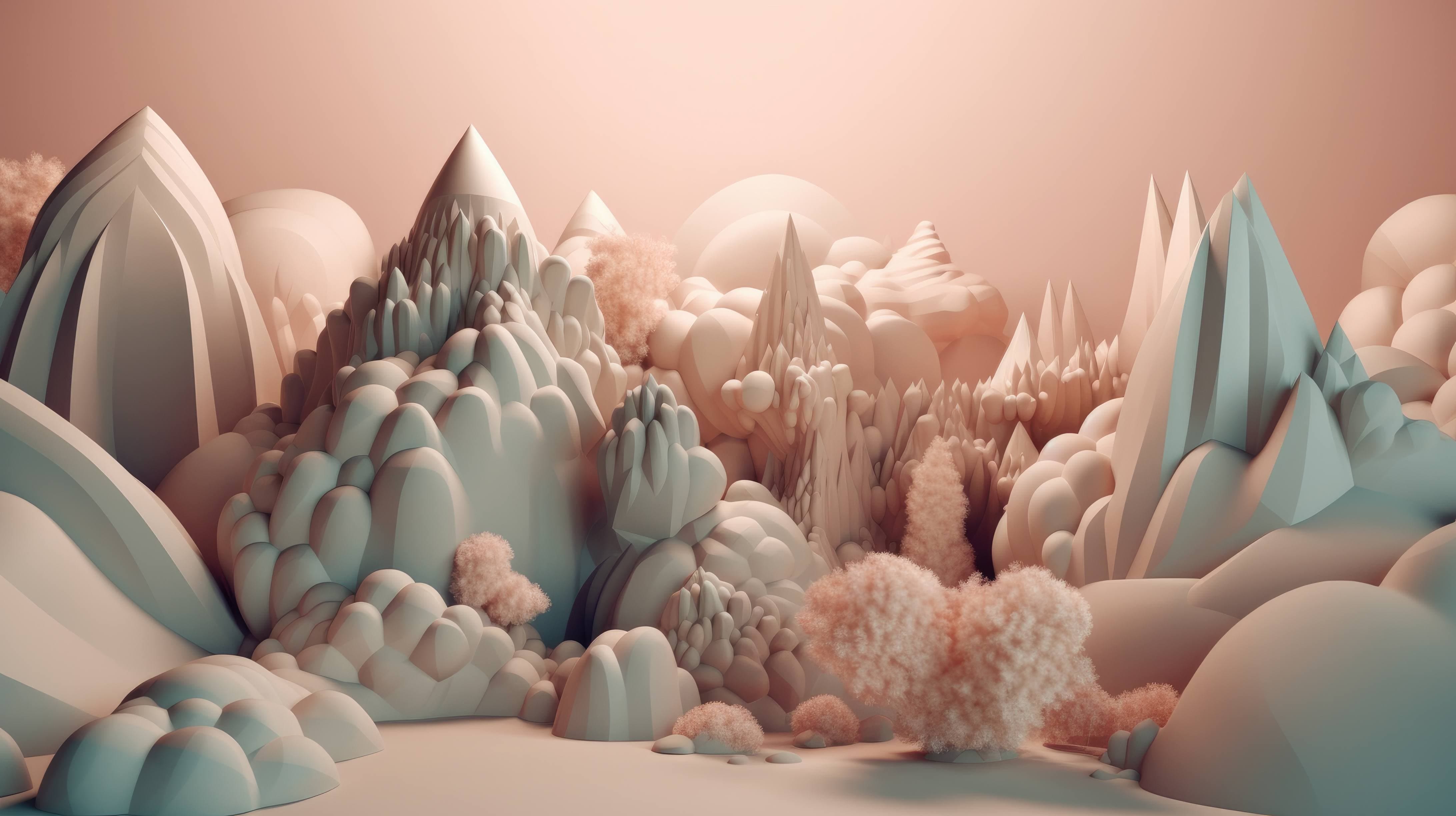 This 3D abstract landscape features a composition of surreal forms and dreamlike textures, perfect for a whimsical and surreal wallpaper