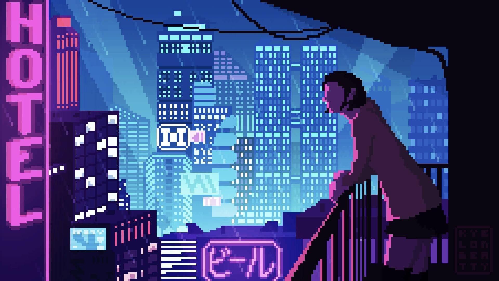 A pixelated image of a man standing on a balcony looking out over a city at night - Cyberpunk