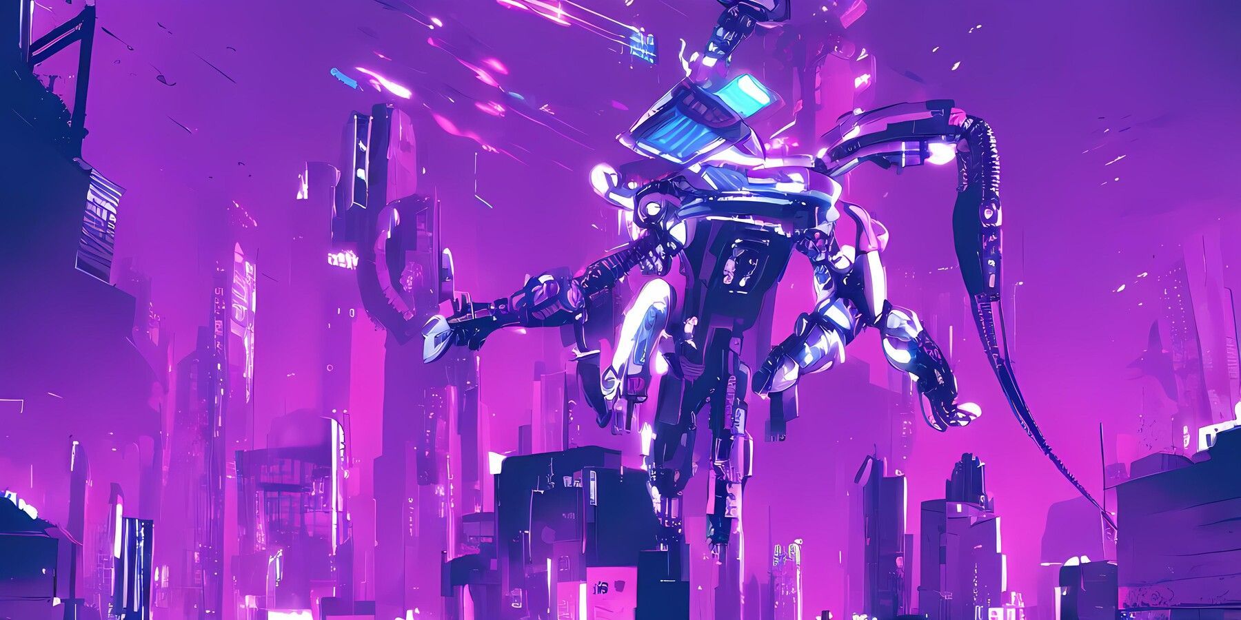 A giant robot with glowing purple circuits stands in a purple city - Cyberpunk