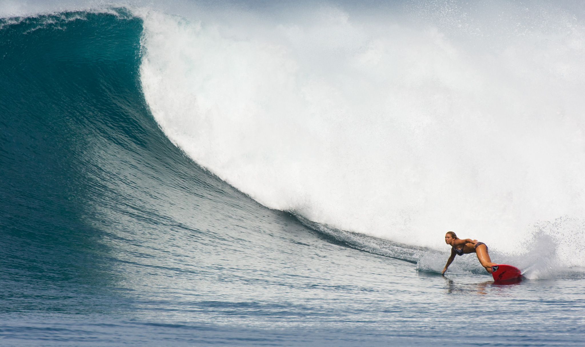 A woman surfing a wave on a surfboard. - Surf