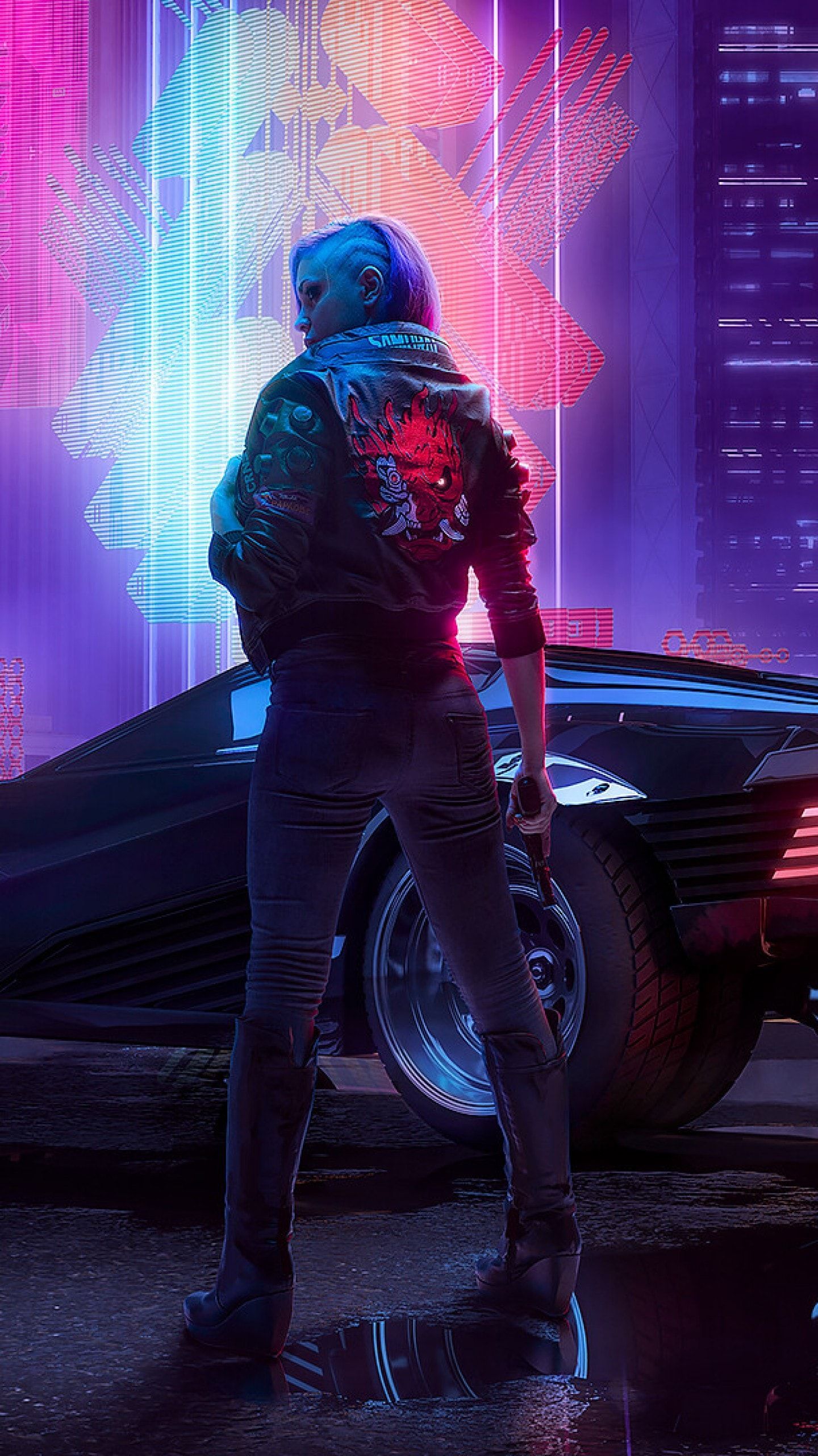 Cyberpunk 2077 wallpaper with a female character standing in front of a car - Cyberpunk