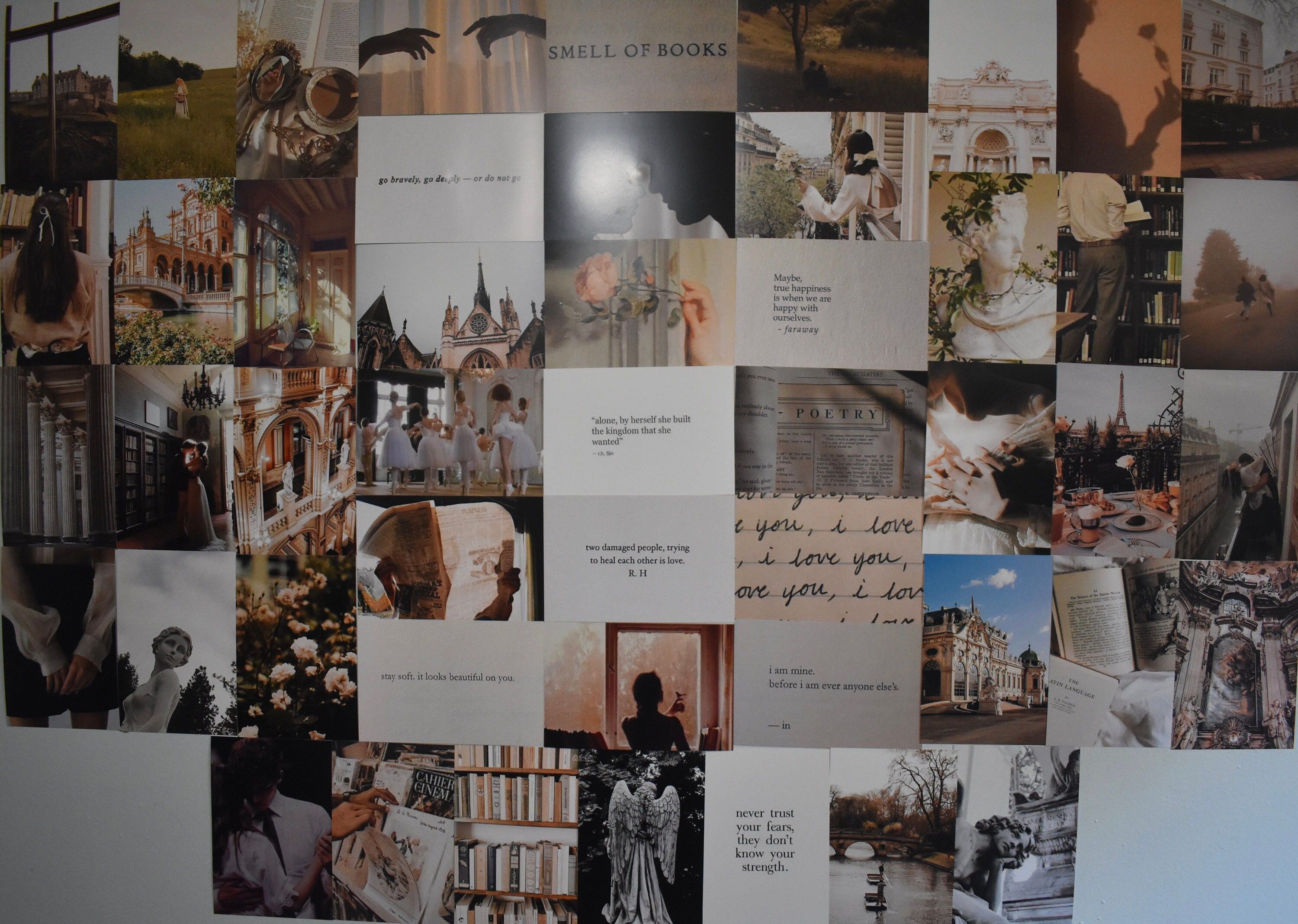 Collage of black and white photos, quotes, and images of books on a wall. - Light academia