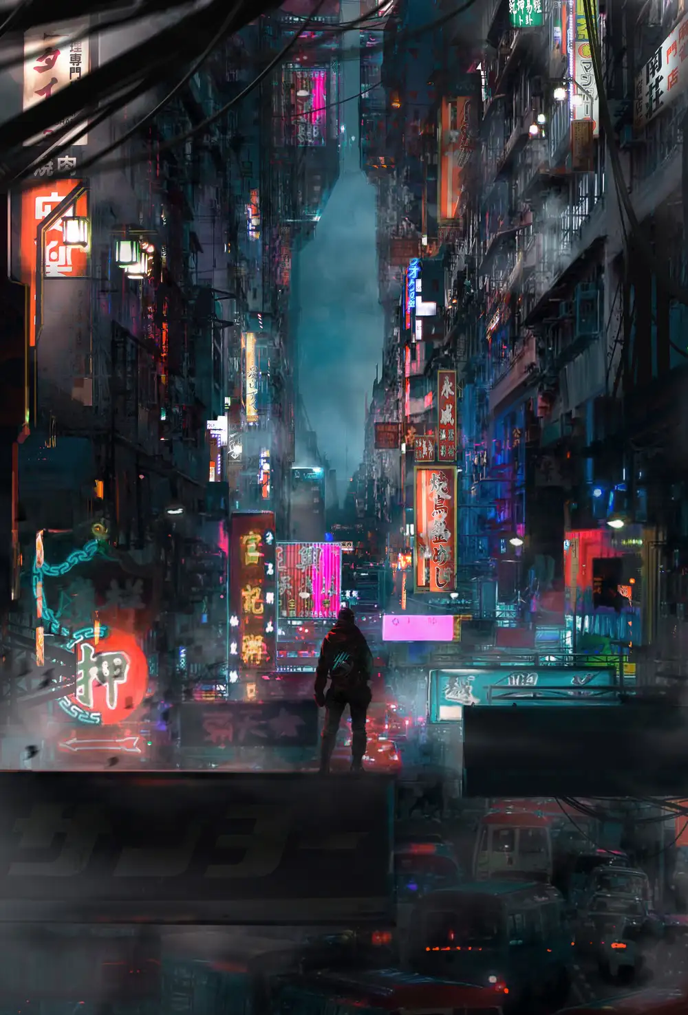 Cyberpunk 2077 wallpaper - image of a person standing on a rooftop looking down at neon-lit streets - Cyberpunk