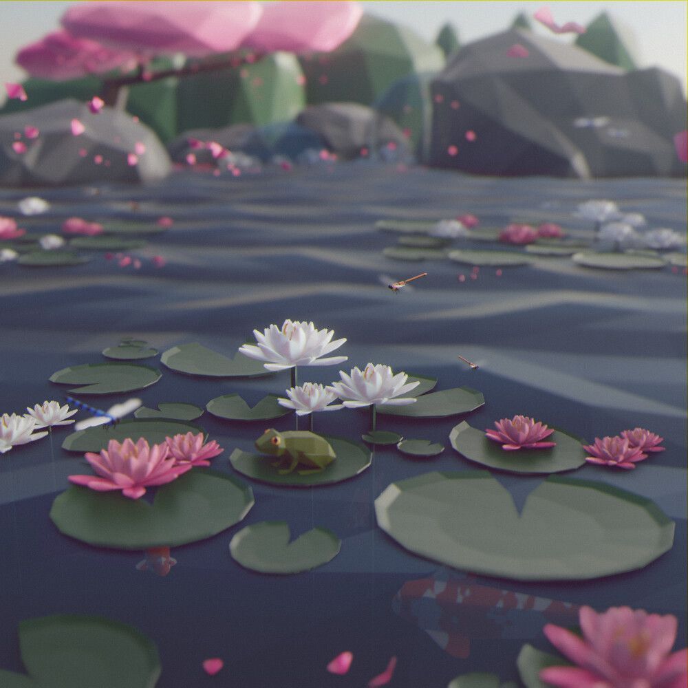 A pond with lily pads and a frog. - Low poly