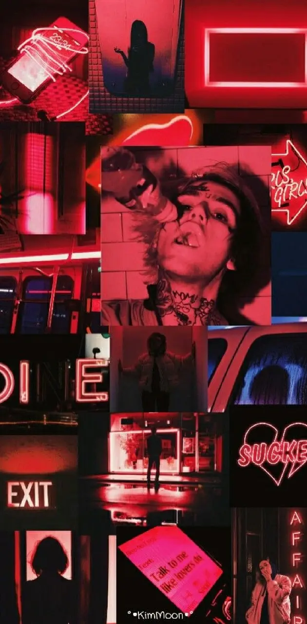 Red aesthetic background with a collage of red and pink neon signs, pictures of a man and woman, and pictures of a city at night. - Lil Peep