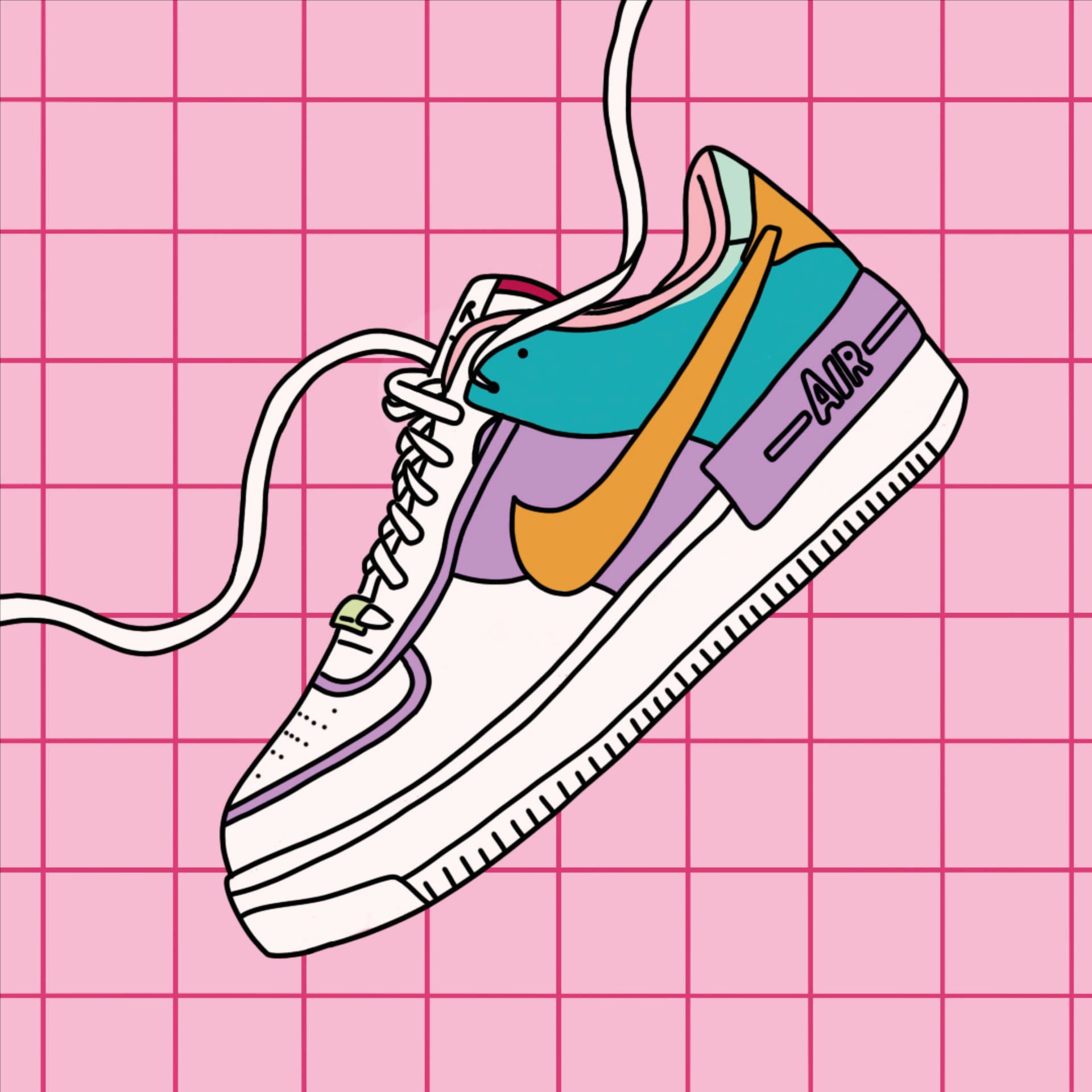 An illustration of a pair of Nike Air Force 1 sneakers on a pink grid background - Shoes, Nike