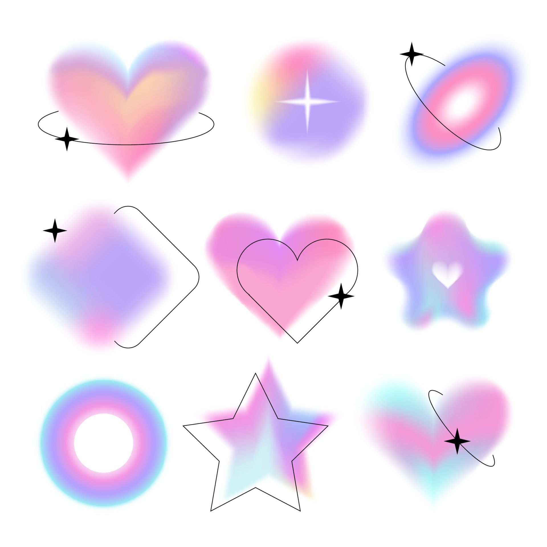 Abstract blurred gradient shapes set, blurry star, ring, heart aura aesthetic elements collection, colorful soft holo lilac gradients. Various geometric forms with blurring effect vector illustration