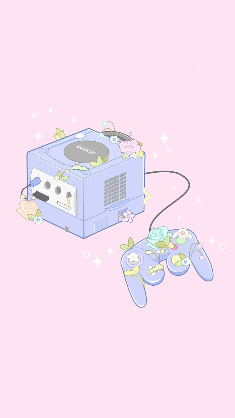 A blue video game controller with pink background - Kawaii