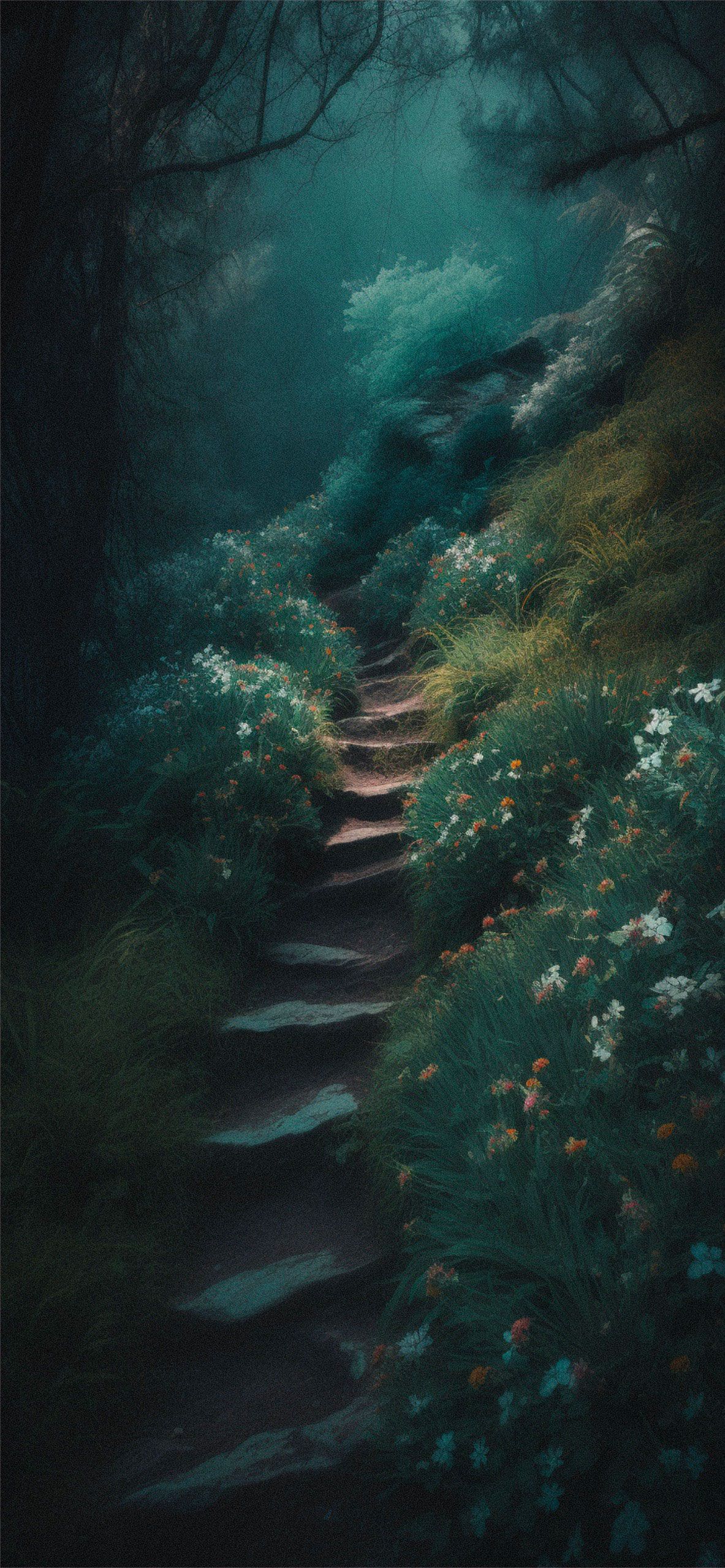 A stone staircase winds through a forest of flowers and trees. - Forest