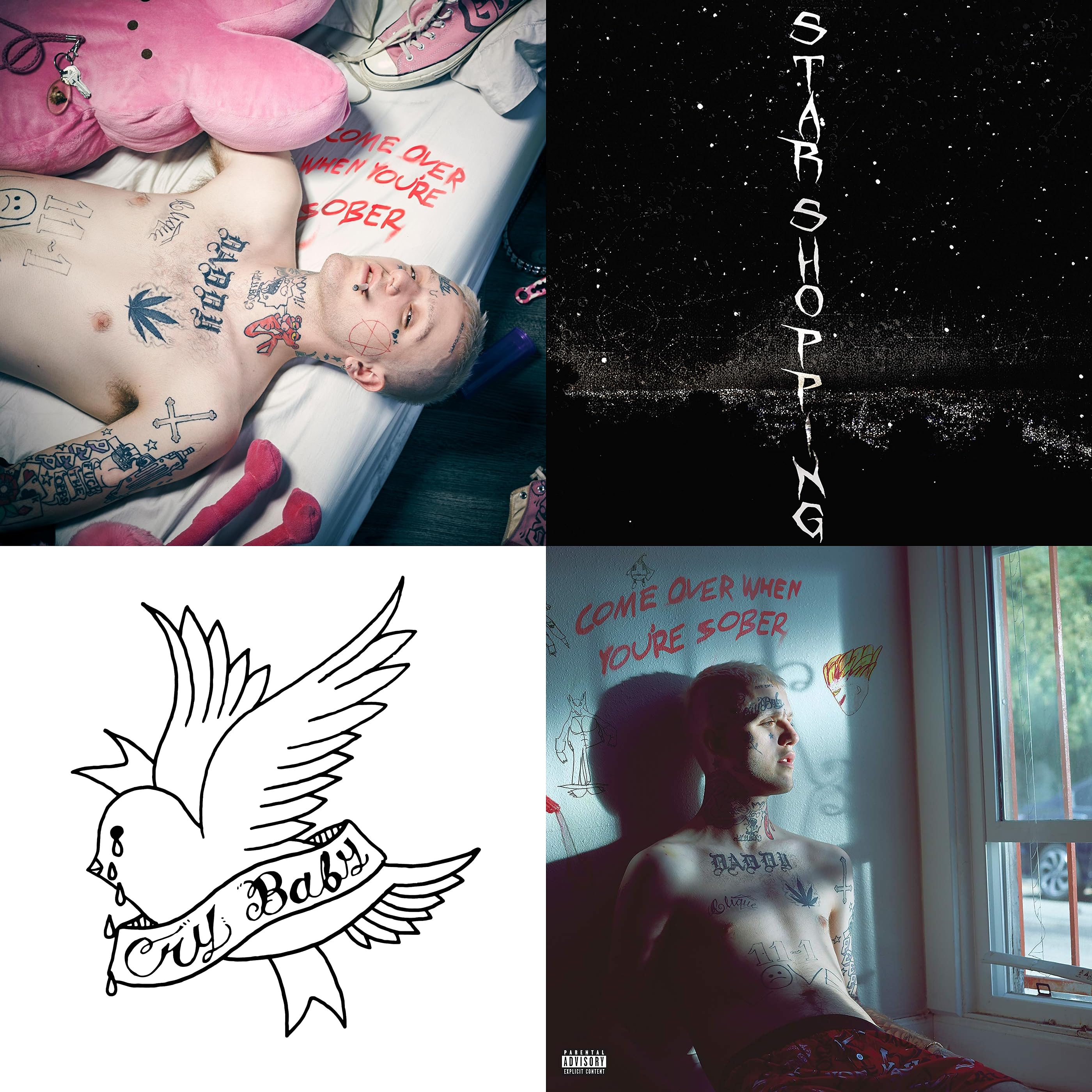 Lil Peep's discography, including 'Cry Baby', 'Come Over When You're Sober', and 'Star Shopping'. - Lil Peep