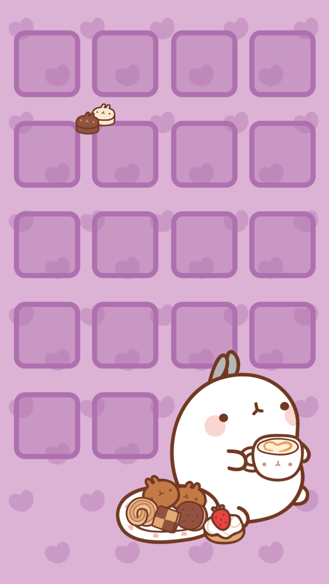 A cute Molang rabbit wallpaper with a lot of cupcake, donuts, cakes and a cup of coffee. - Kawaii