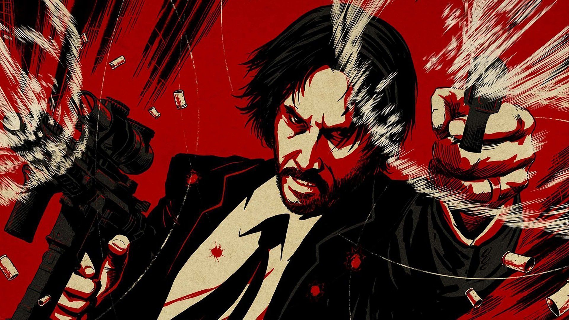 John Wick holding a knife and a gun in front of a red background - John Wick