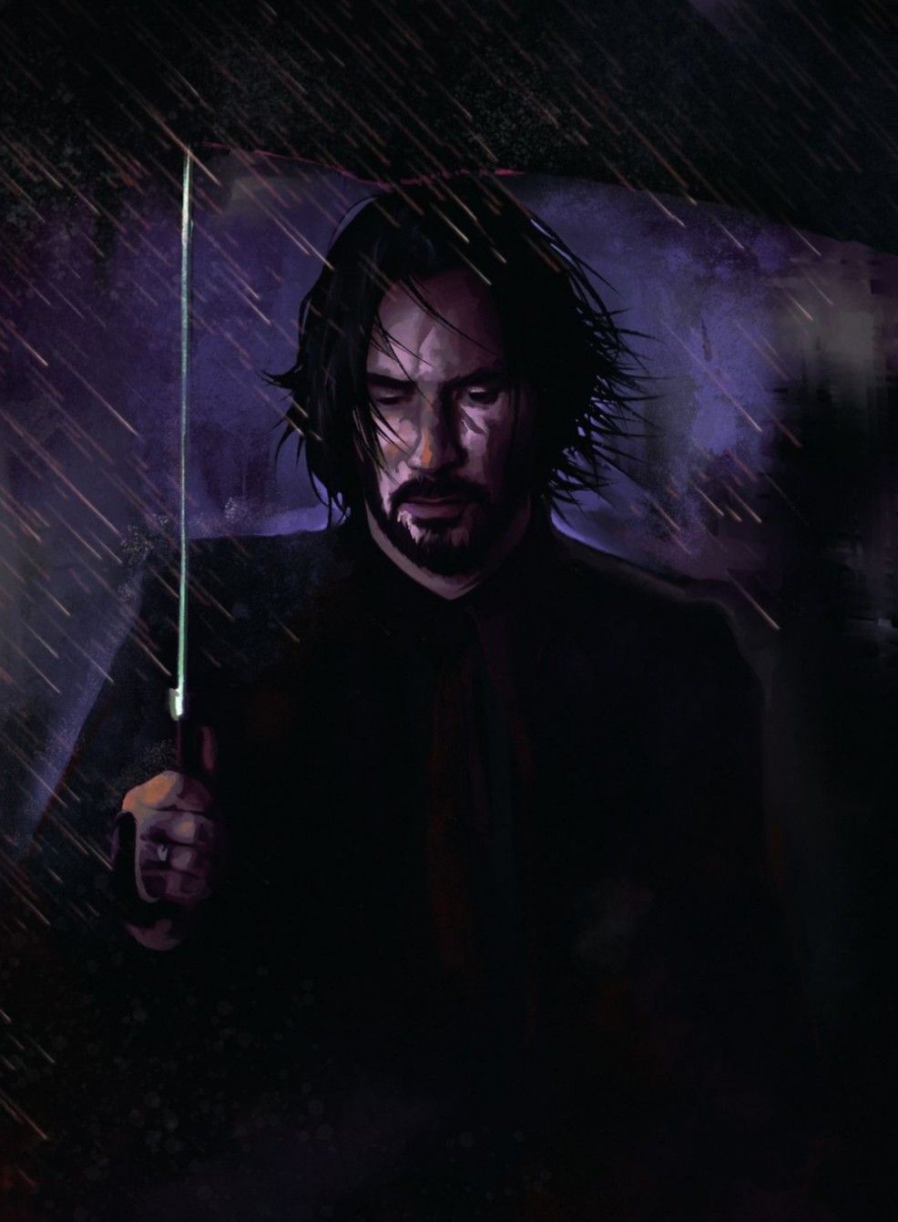 Keanu Reeves as John Wick, holding an umbrella in the rain - John Wick