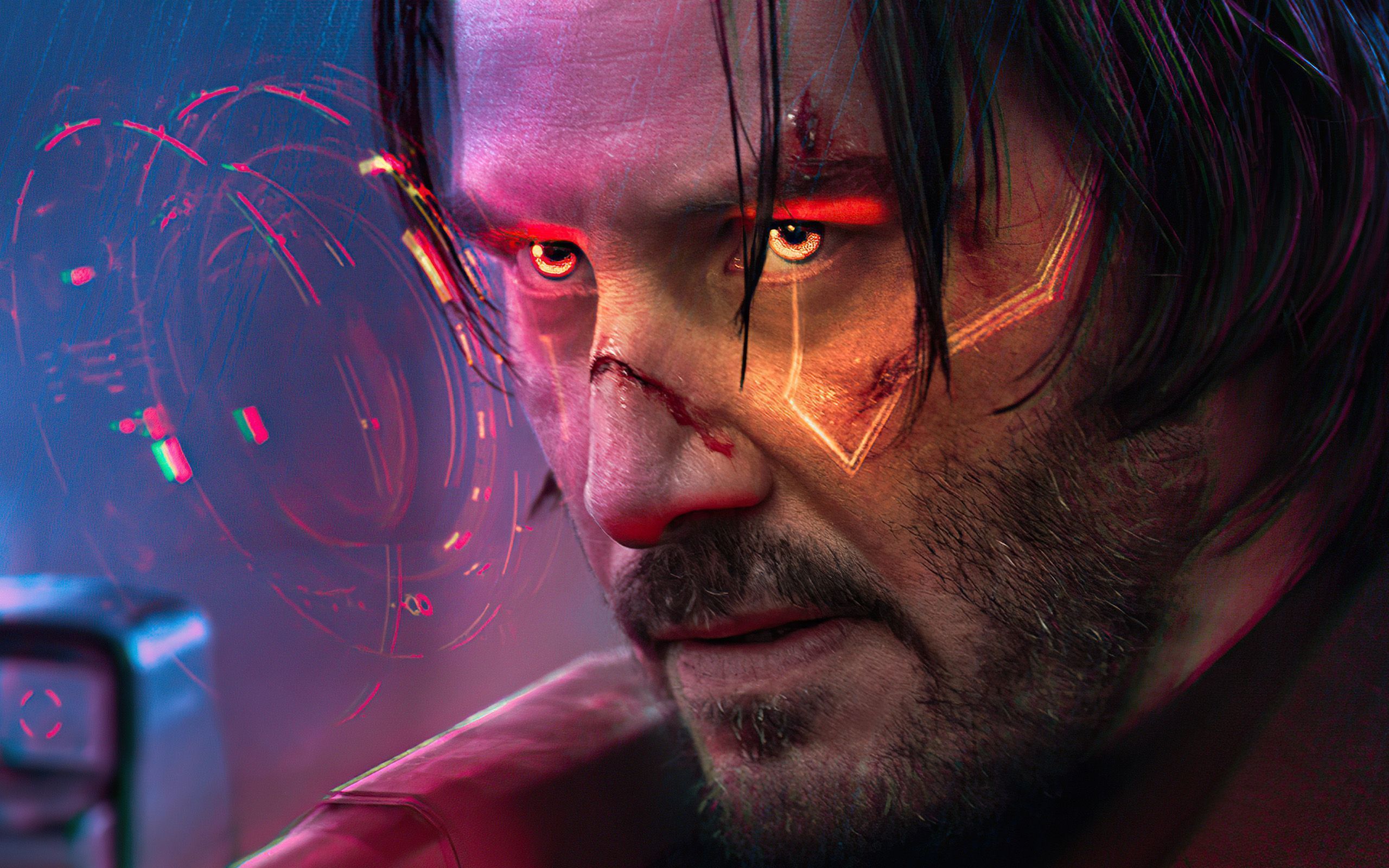 Keanu Reeves as John Wick, looking into the camera with a red light on his eyes - John Wick