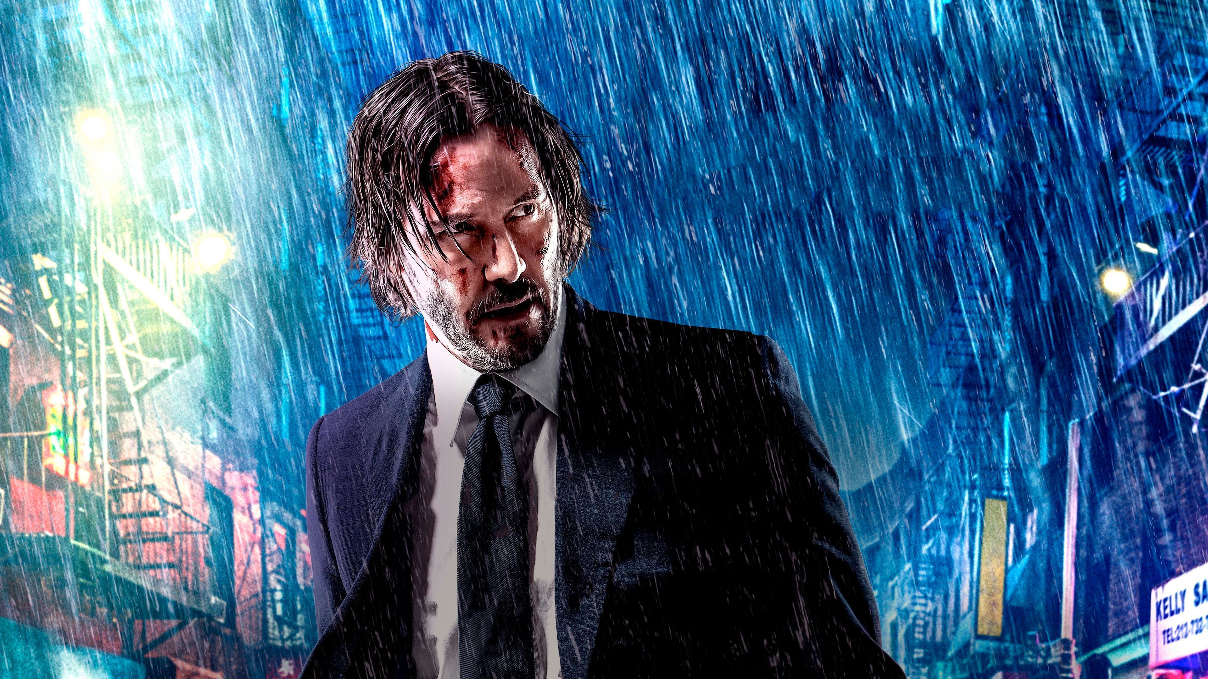 John Wick is walking in the rain in a suit - John Wick