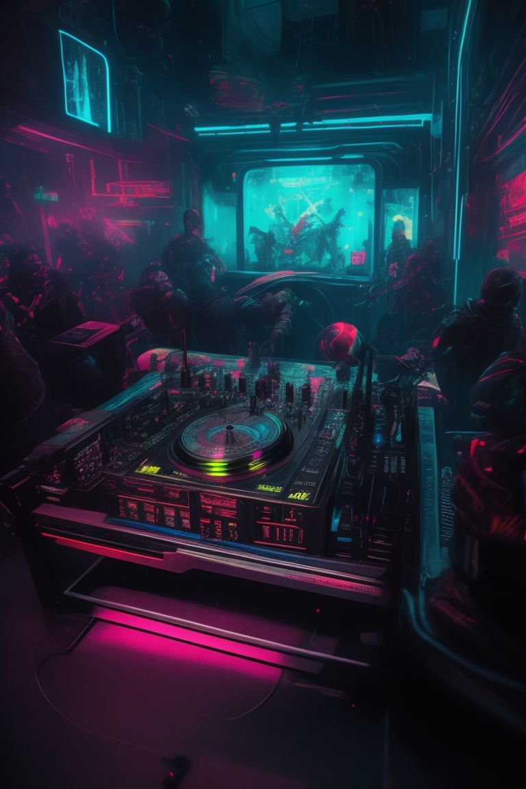 A Cyberpunk 2077 wallpaper of a DJ booth with a crowd of people in the background - John Wick