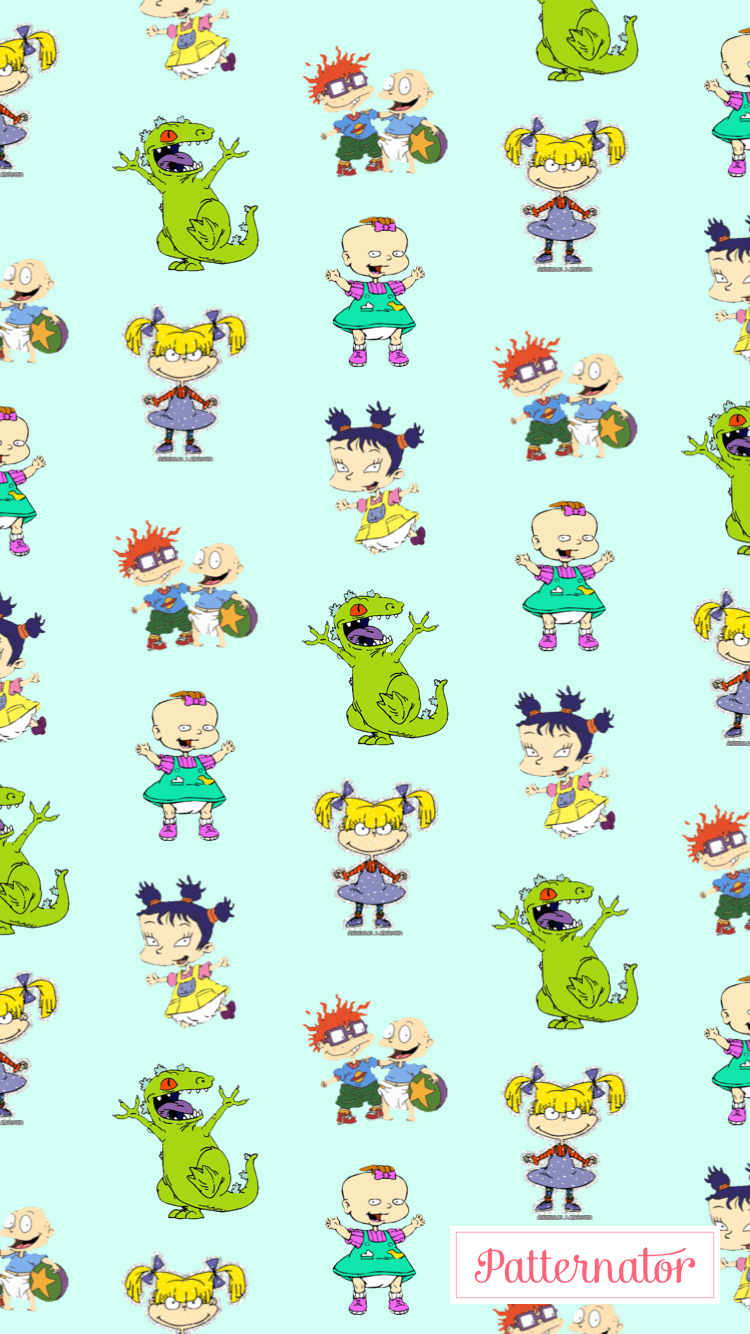 A repeating pattern of Rugrats characters on a blue background. - Rugrats