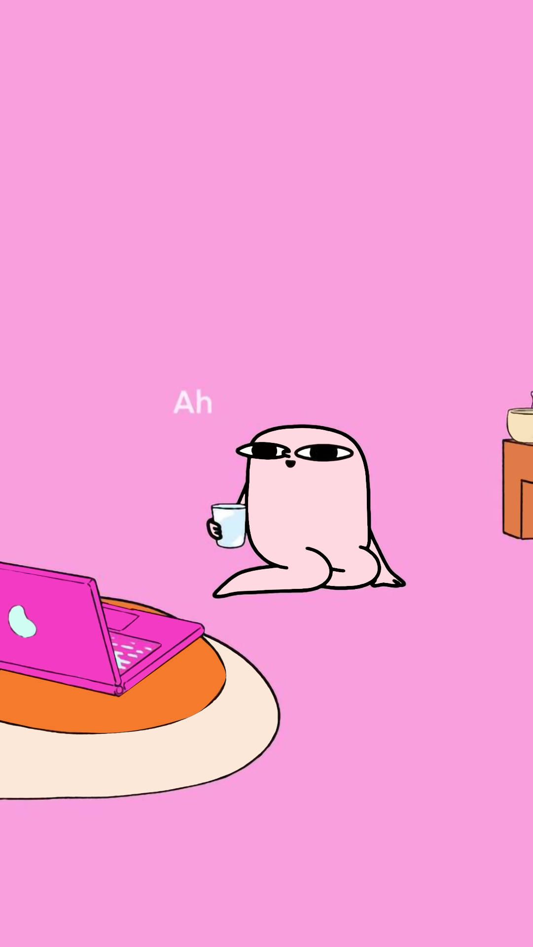 Wallpaper for phone of a pink blob character drinking coffee and looking at a laptop - Funny