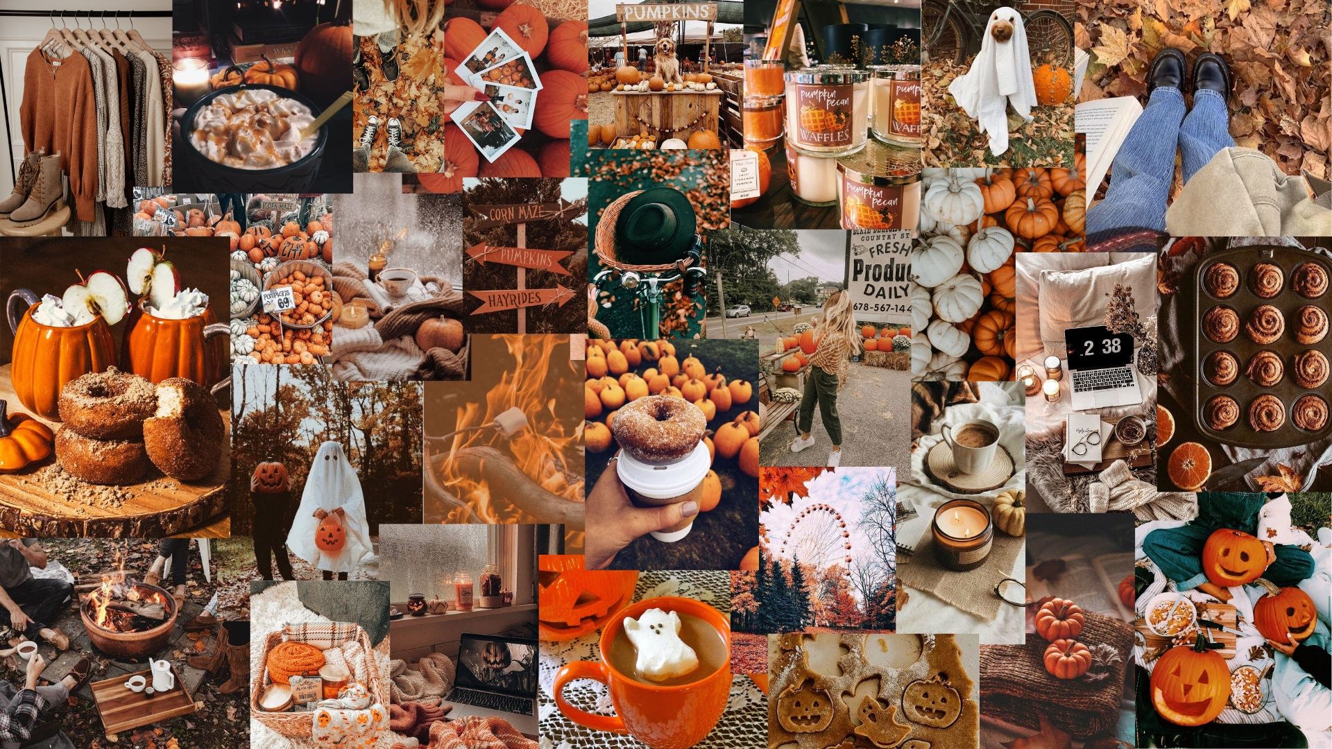 A collage of images of pumpkins, coffee, and other fall themed items. - IMac