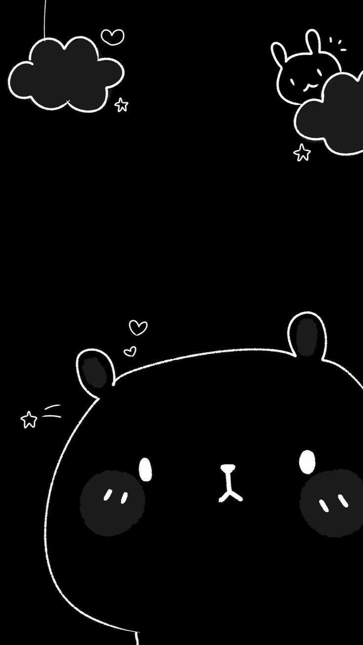Black background with a cute bear and clouds - Kawaii