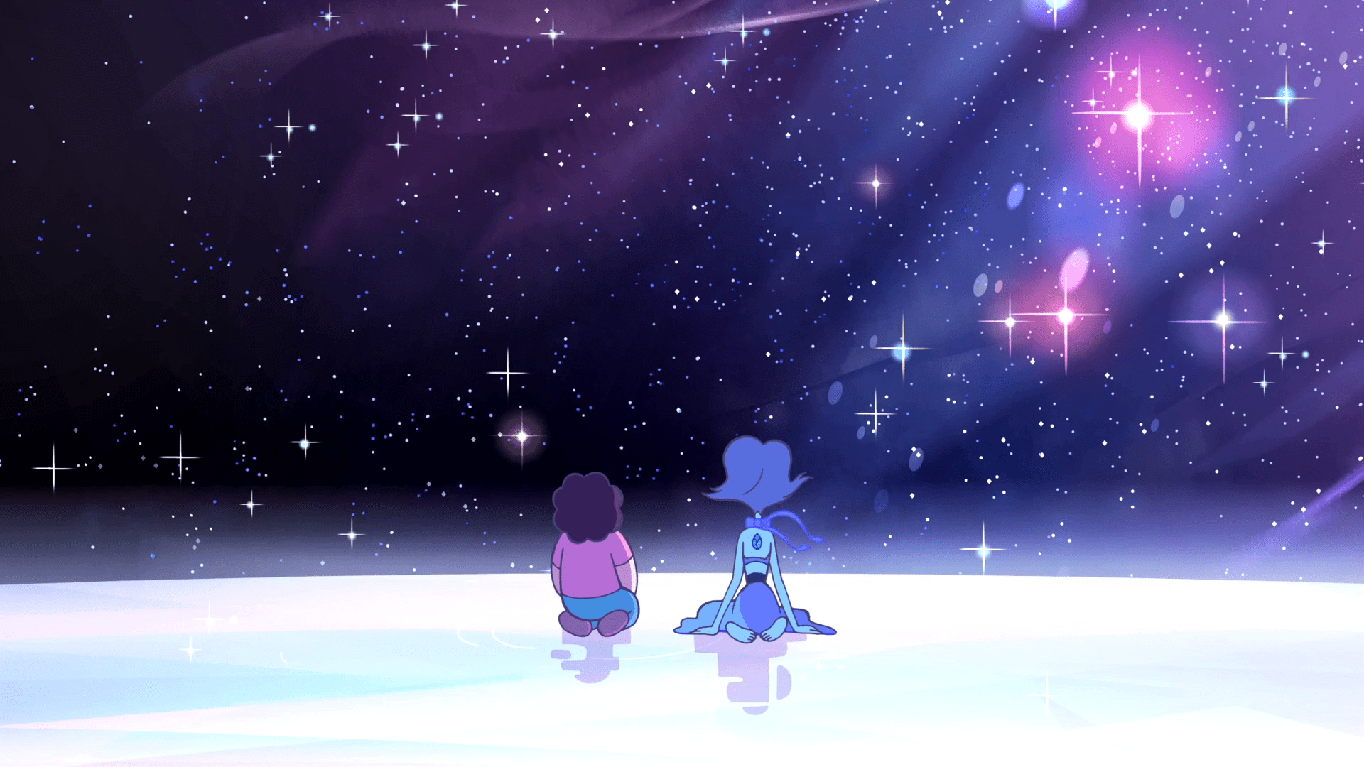 A young boy and a blue dog sit on a snowy hill looking at the stars. - Steven Universe