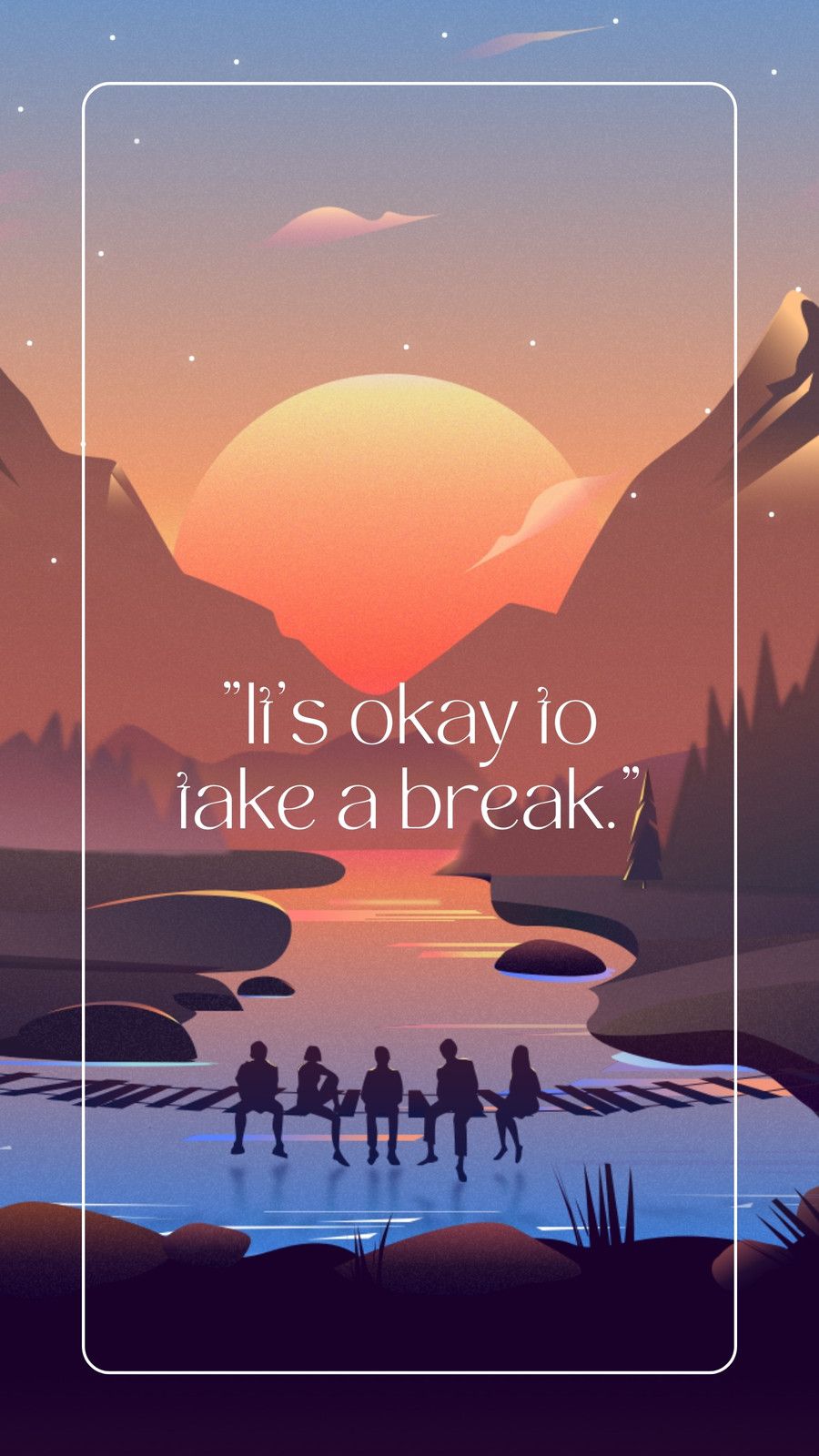 A minimalist landscape illustration of a group of people sitting by a lake at sunset with the text 