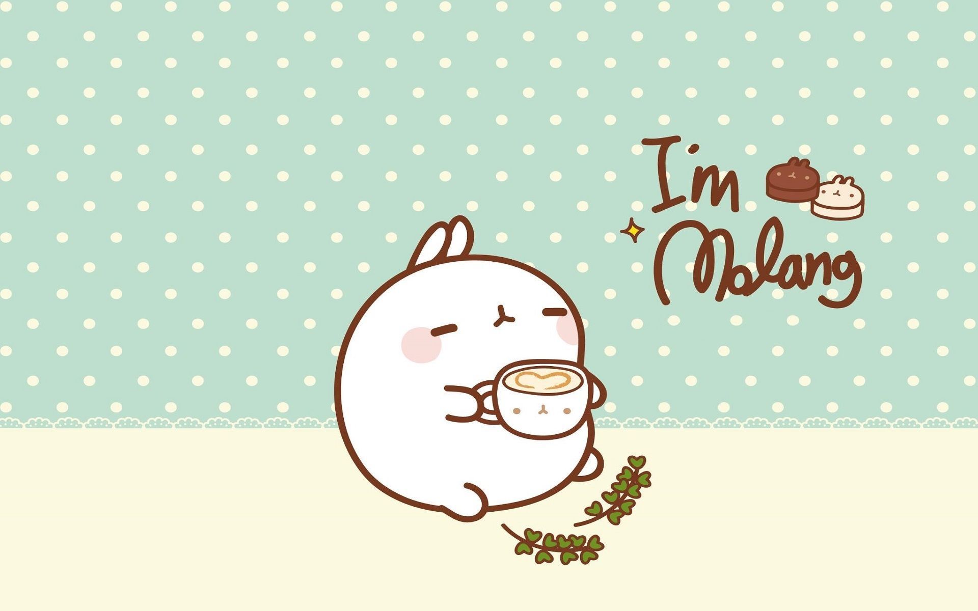 Cute Molang wallpaper with the little rabbit drinking coffee - Kawaii