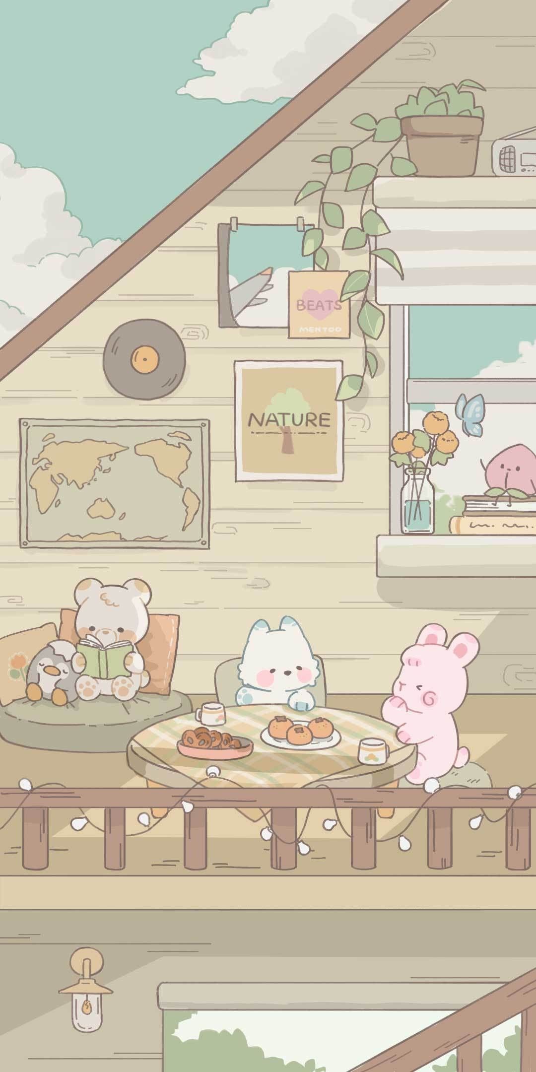 IPhone wallpaper of a cartoon cat and rabbit sitting at a table - Kawaii