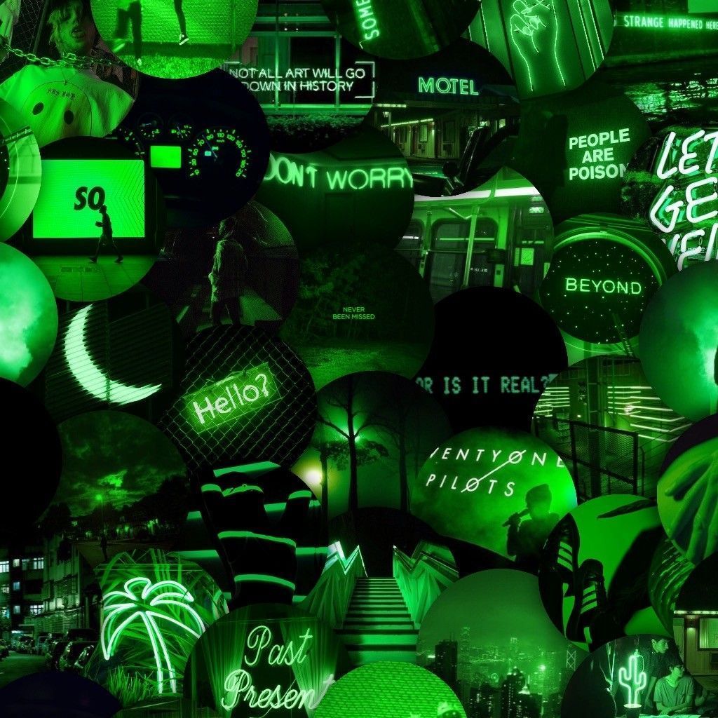 A collage of green neon signs and balloons - Lime green