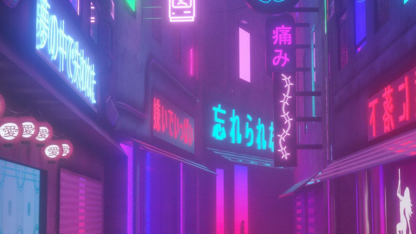 A cyberpunk street at night with neon signs in Japanese. - 1366x768