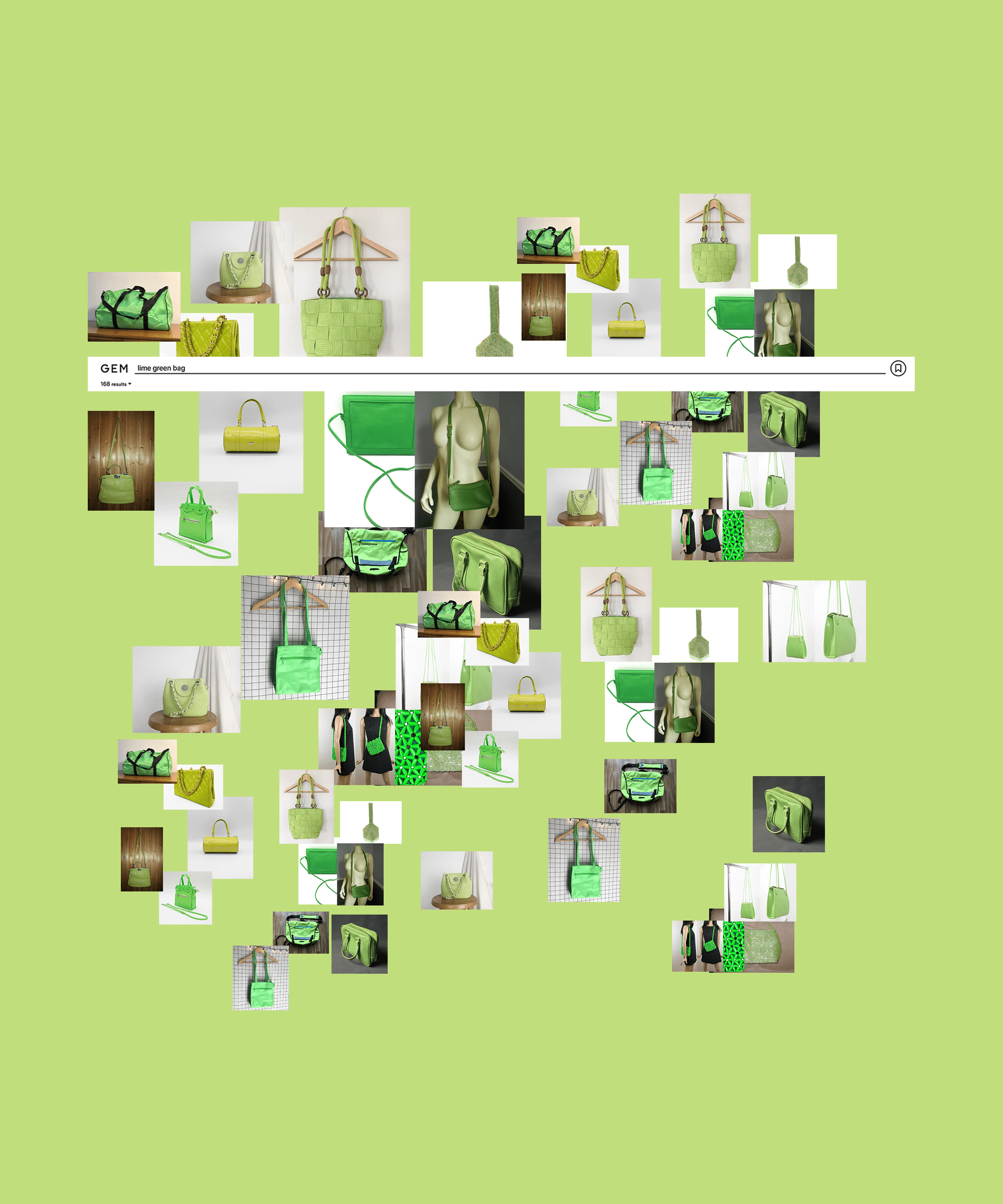 A mood board featuring a variety of green bags, shoes, and accessories. - Lime green