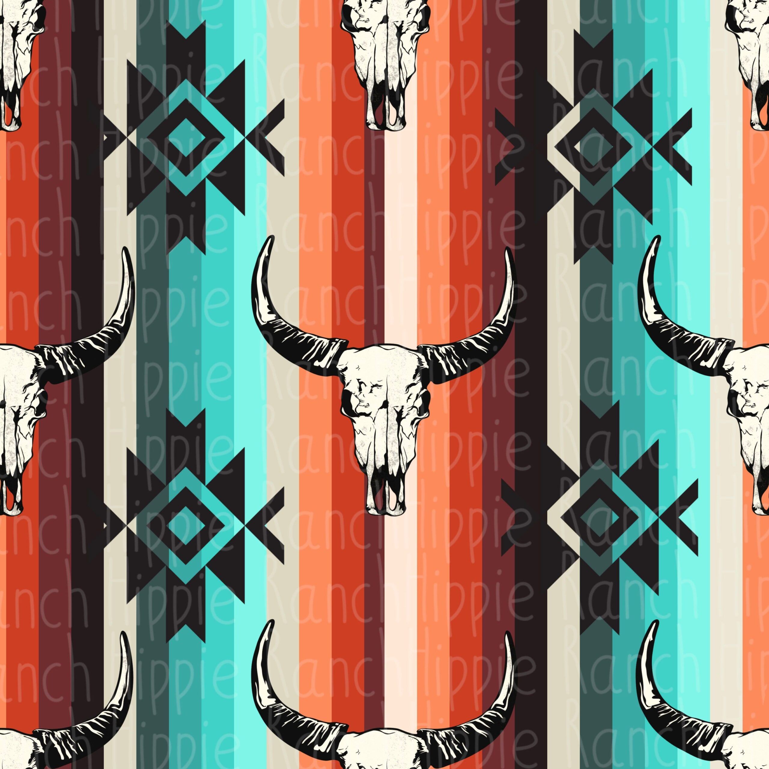 This is a photo of a pattern with a bull skull on a striped background. - Western